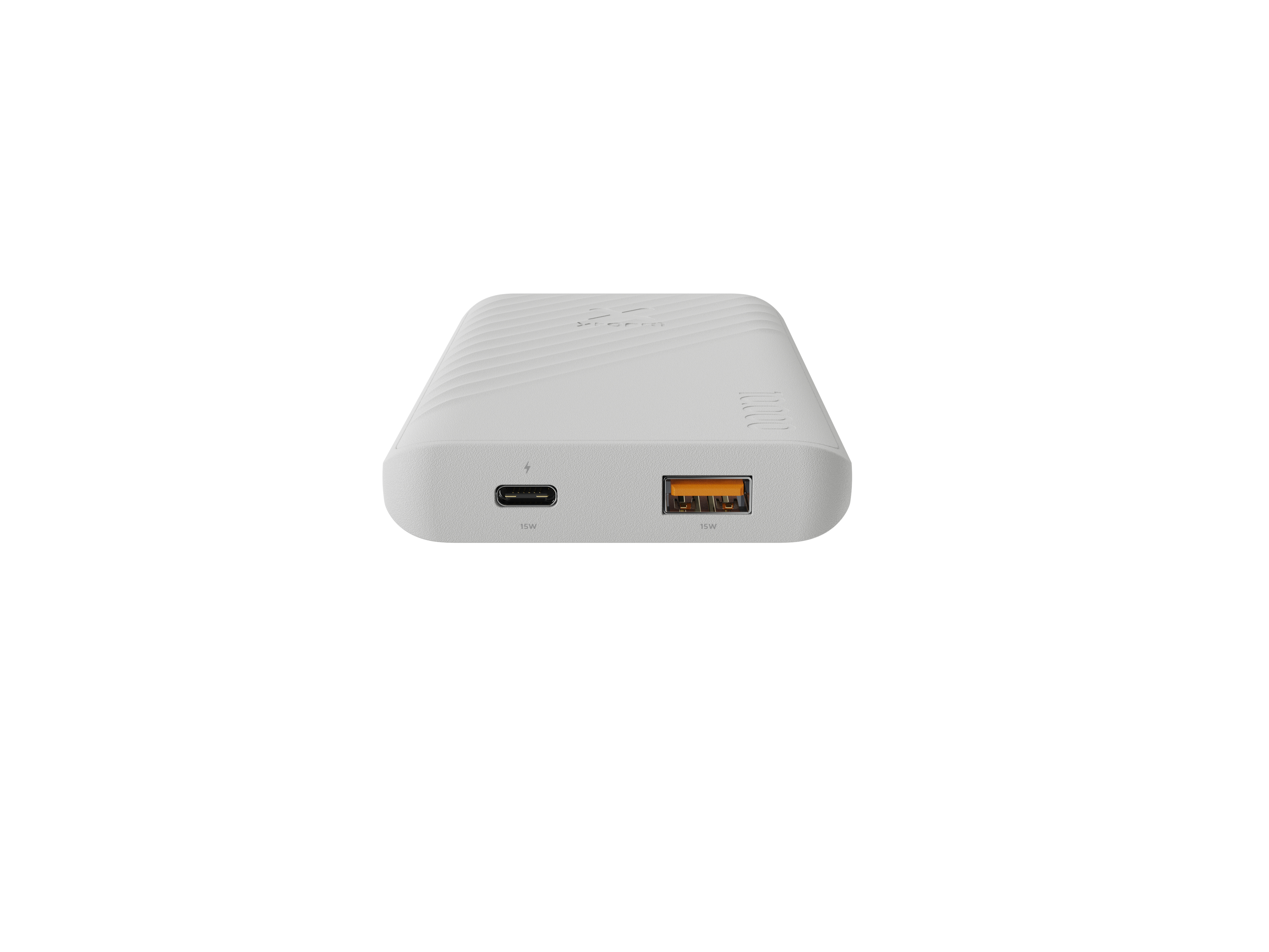 Une batterie externe rectangulaire blanche avec deux ports, marqués 15W, sur fond blanc.