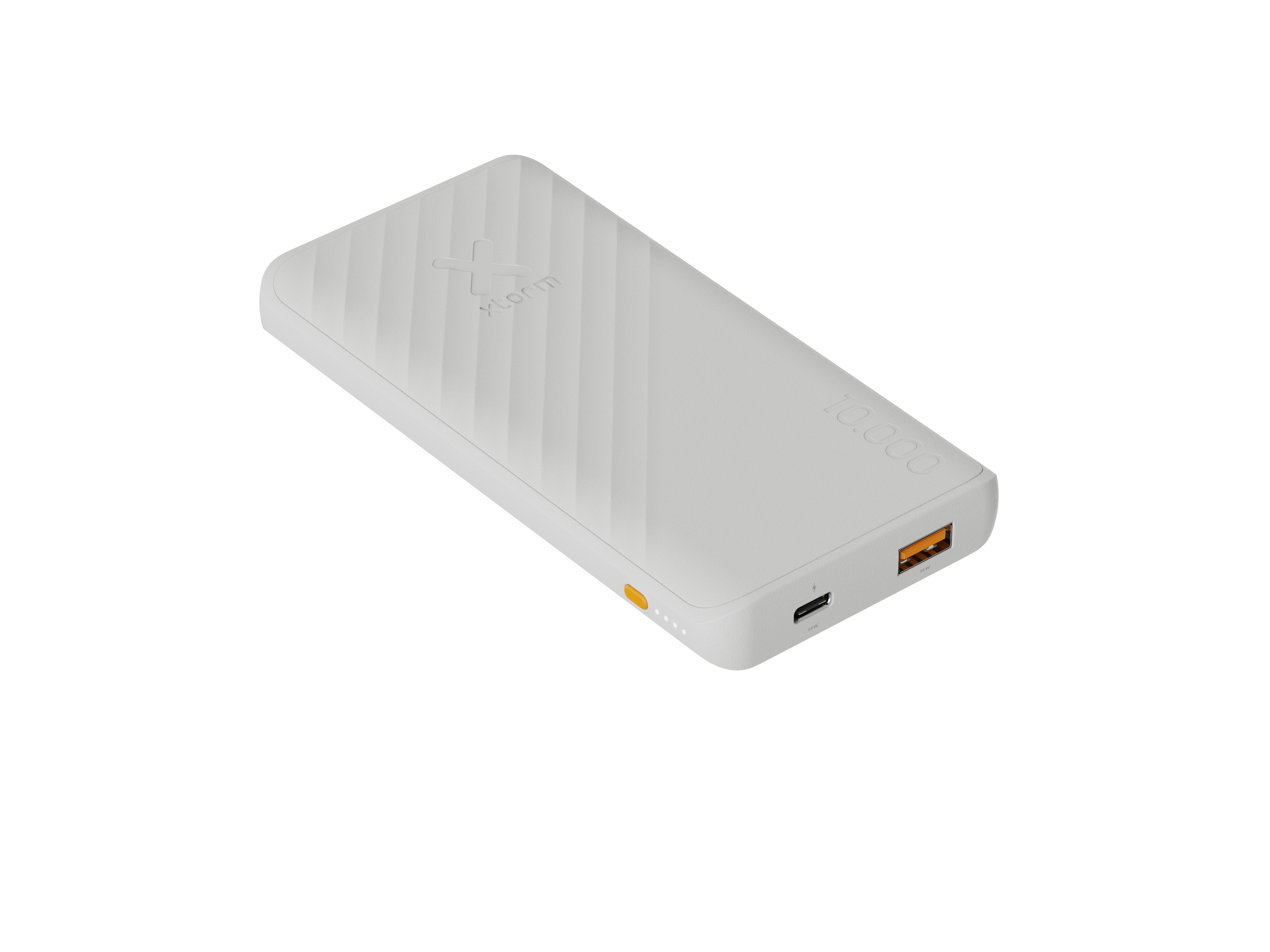 Une batterie externe blanche avec un dessus texturé et des ports orange. Elle porte la marque et le chiffre 10 000.
