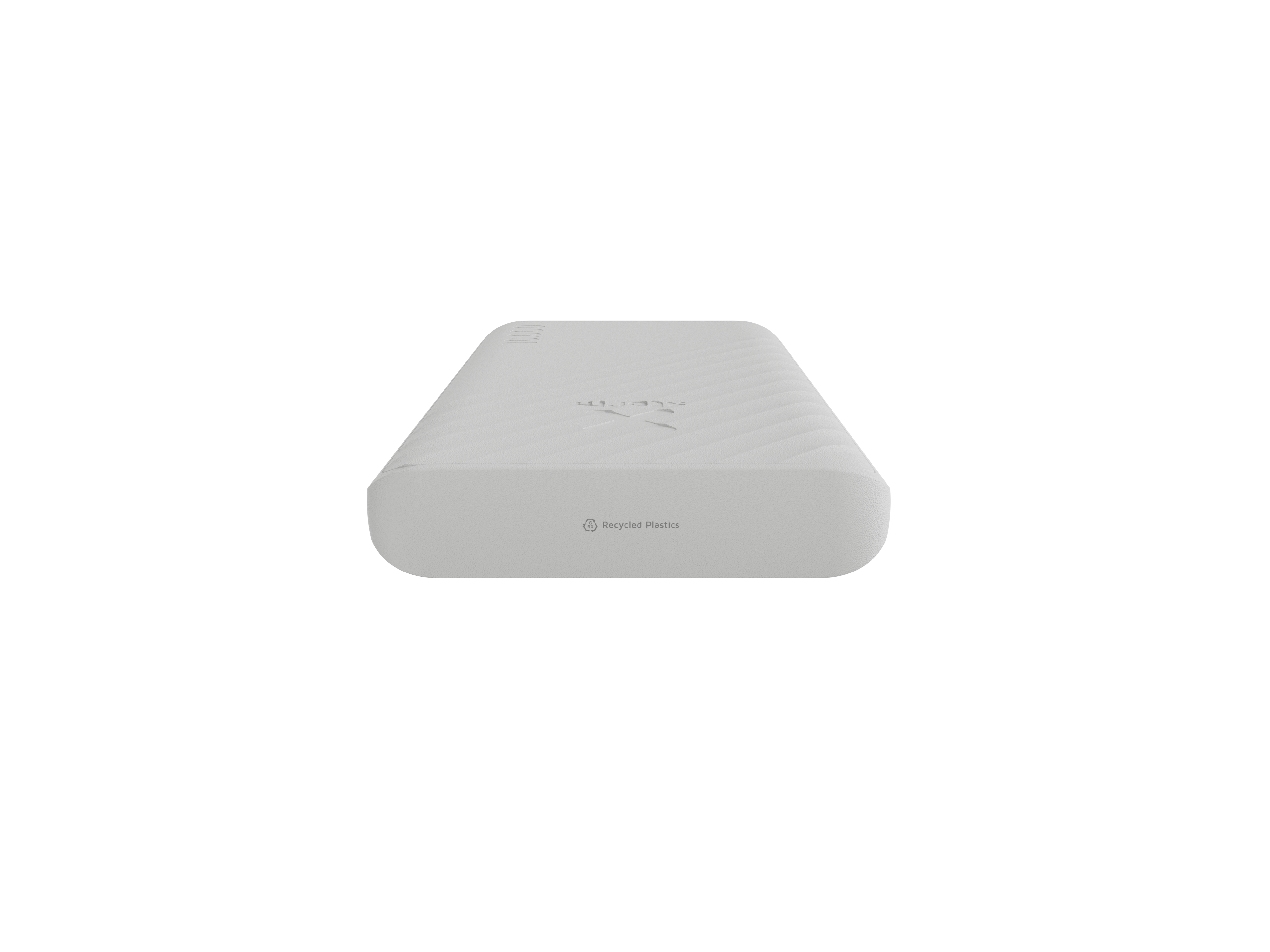 Un appareil blanc et rectangulaire aux bords arrondis. Il a une surface texturée et un logo, sur fond blanc.