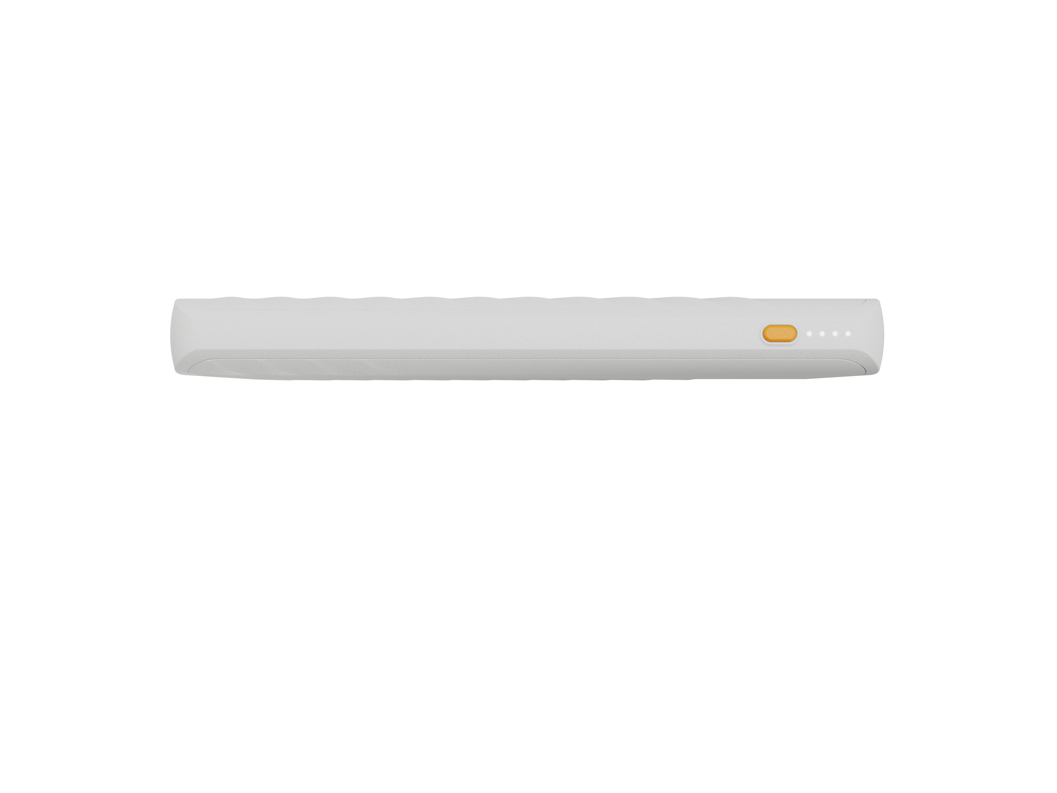 Un appareil rectangulaire blanc avec un bouton orange et des voyants sur fond blanc.
