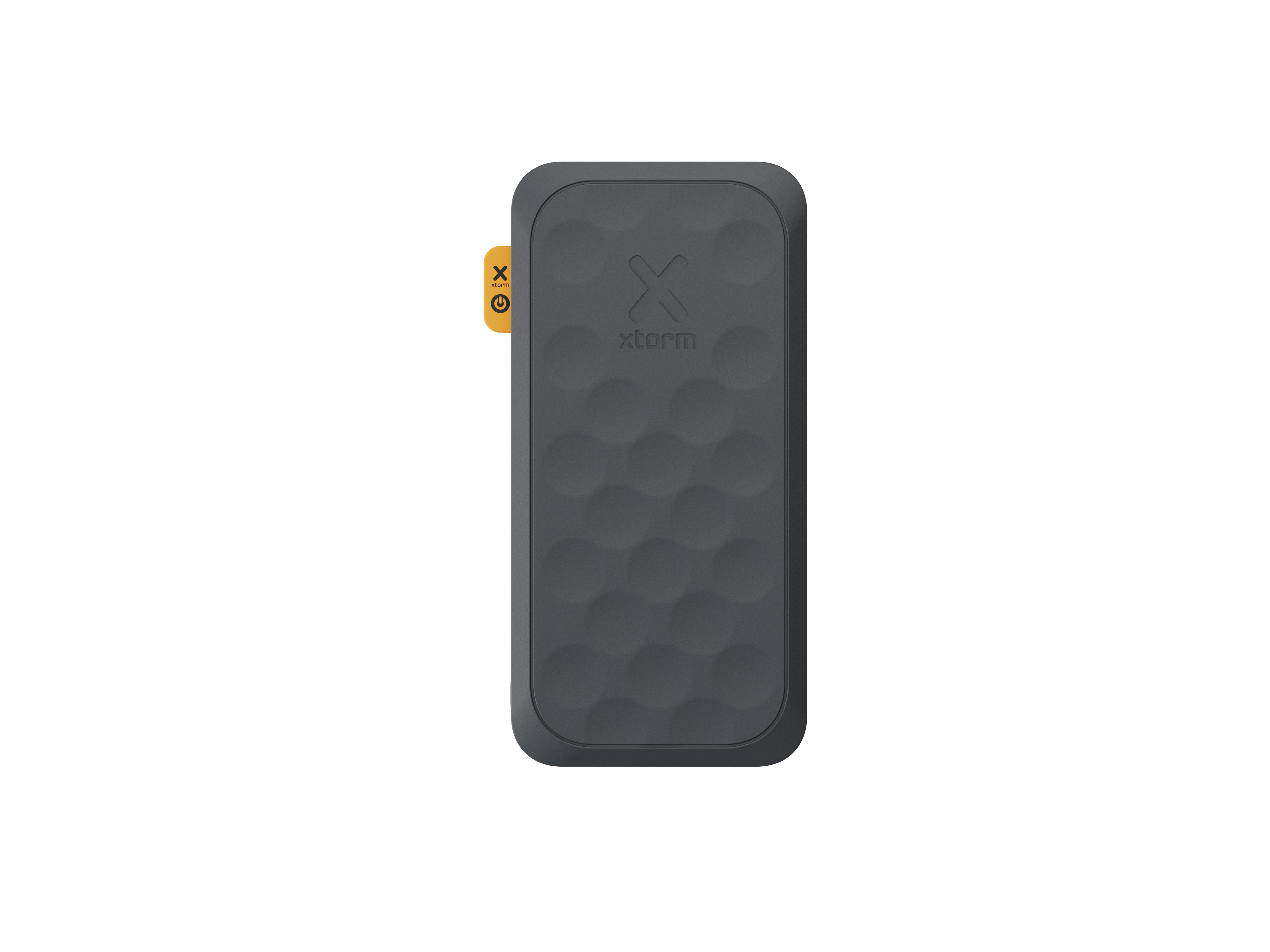 Dunkelgraue rechteckige Powerbank mit strukturierter Oberfläche, gelbem Knopf und 'xstorm'-Logo.