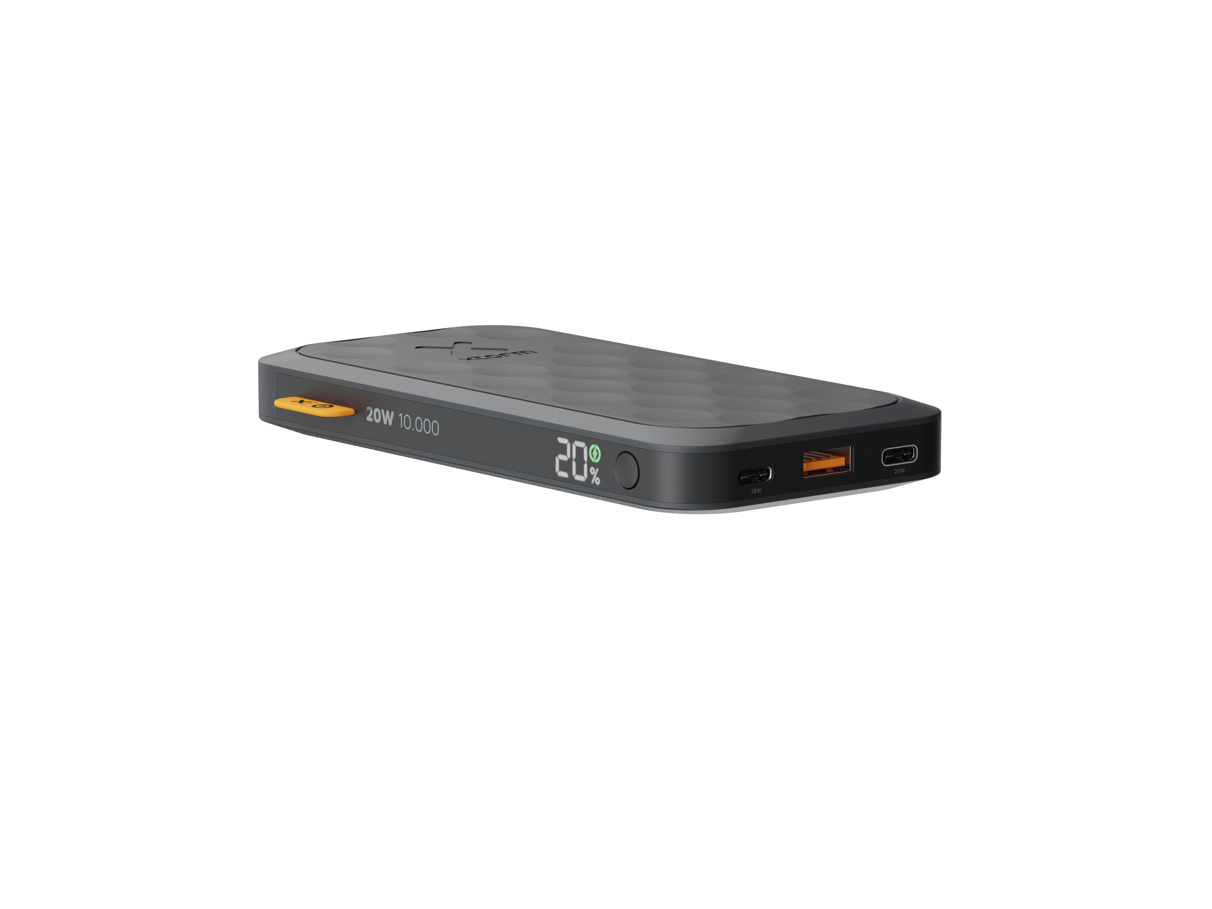 Dunkelgraue Powerbank mit strukturierter Oberfläche. Zeigt 20% Ladung an. USB-Anschluss und Ladeanschluss.