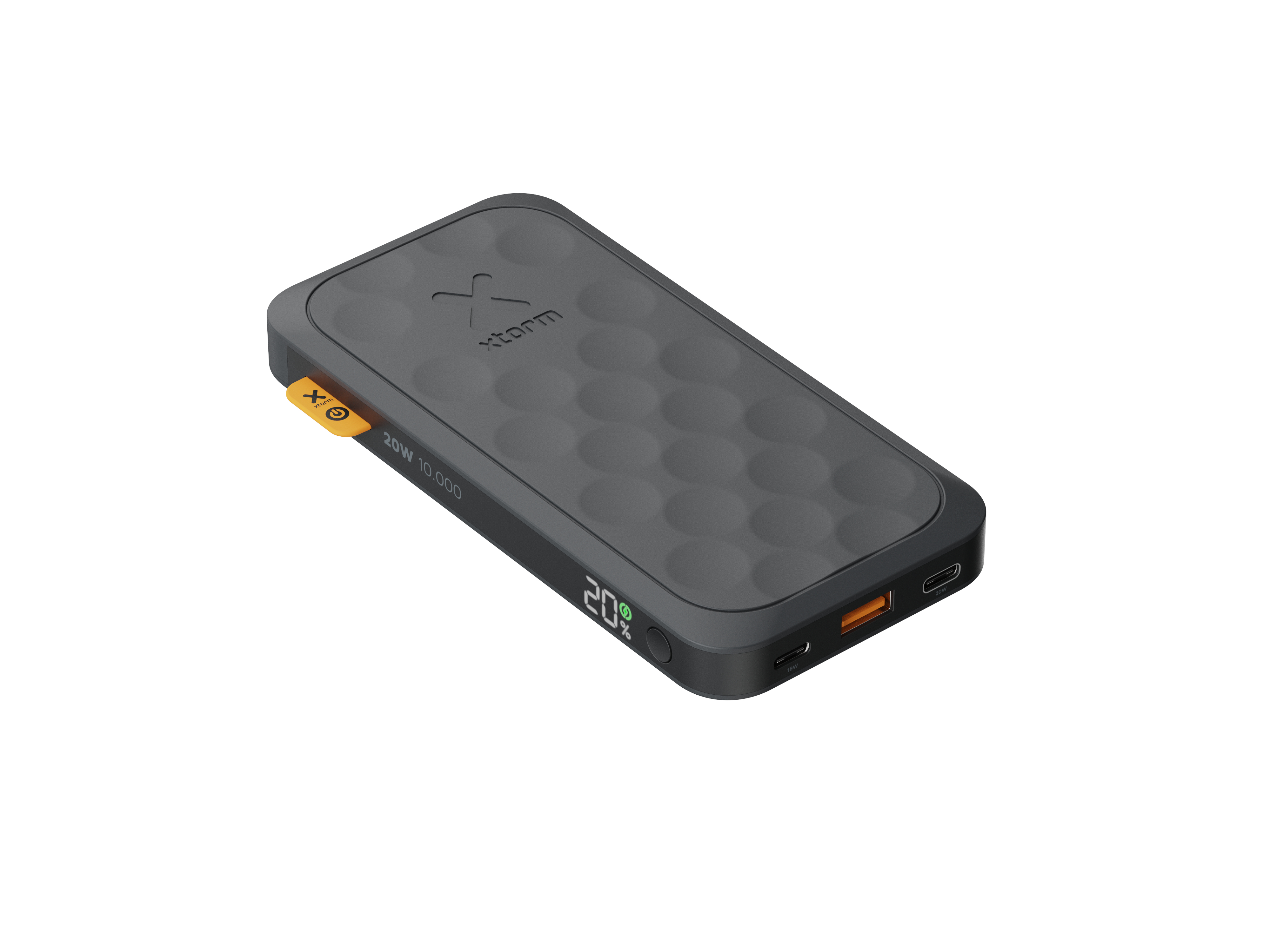 Dunkelgraue Powerbank mit geprägter Oberfläche. Sie hat ein Display mit 20 % und orangefarbenen Anschlüssen.