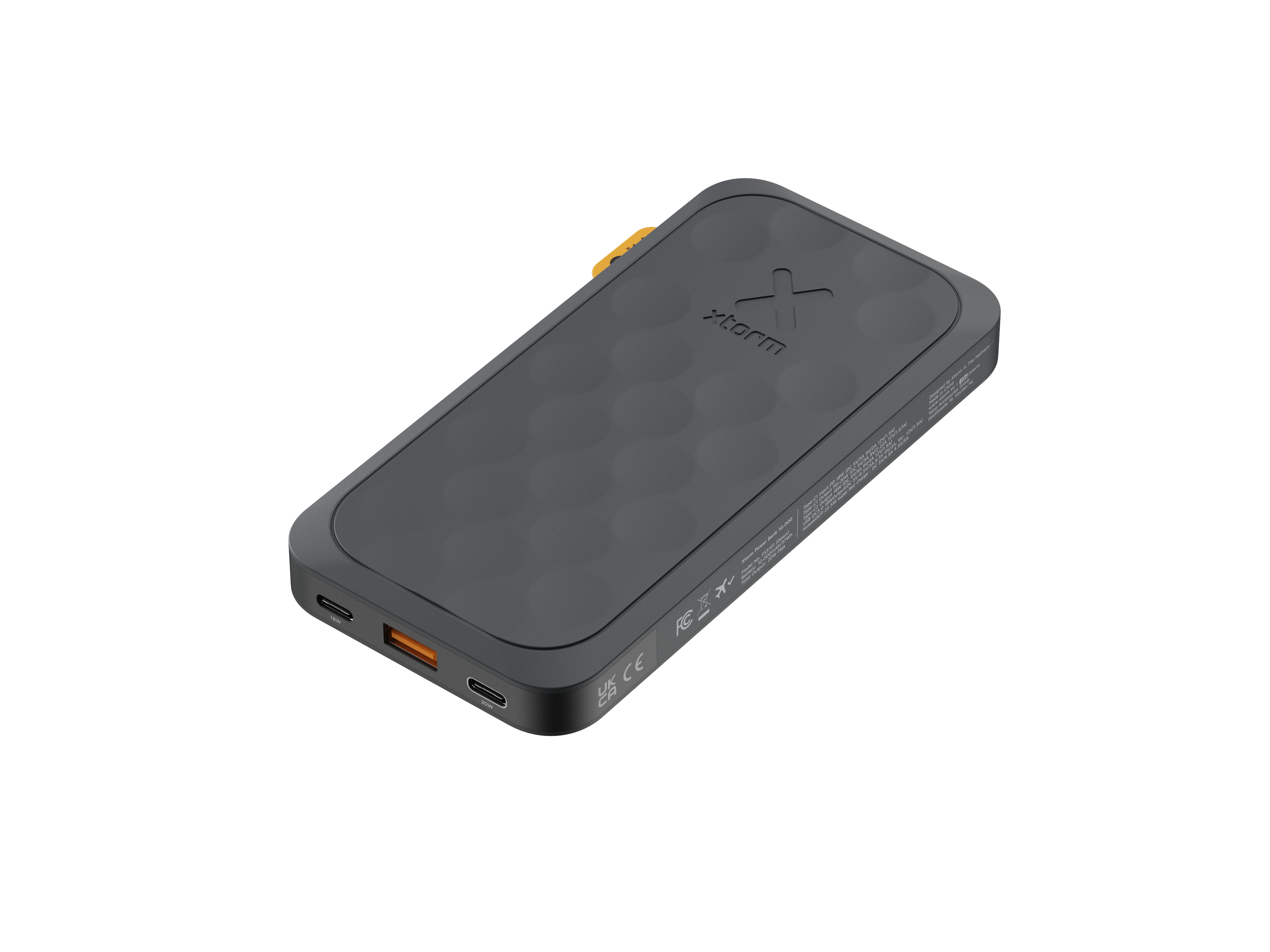 Dunkelgraue rechteckige Powerbank mit orangefarbenen Akzenten und dem Markennamen 'xtorm' auf weißem Hintergrund.