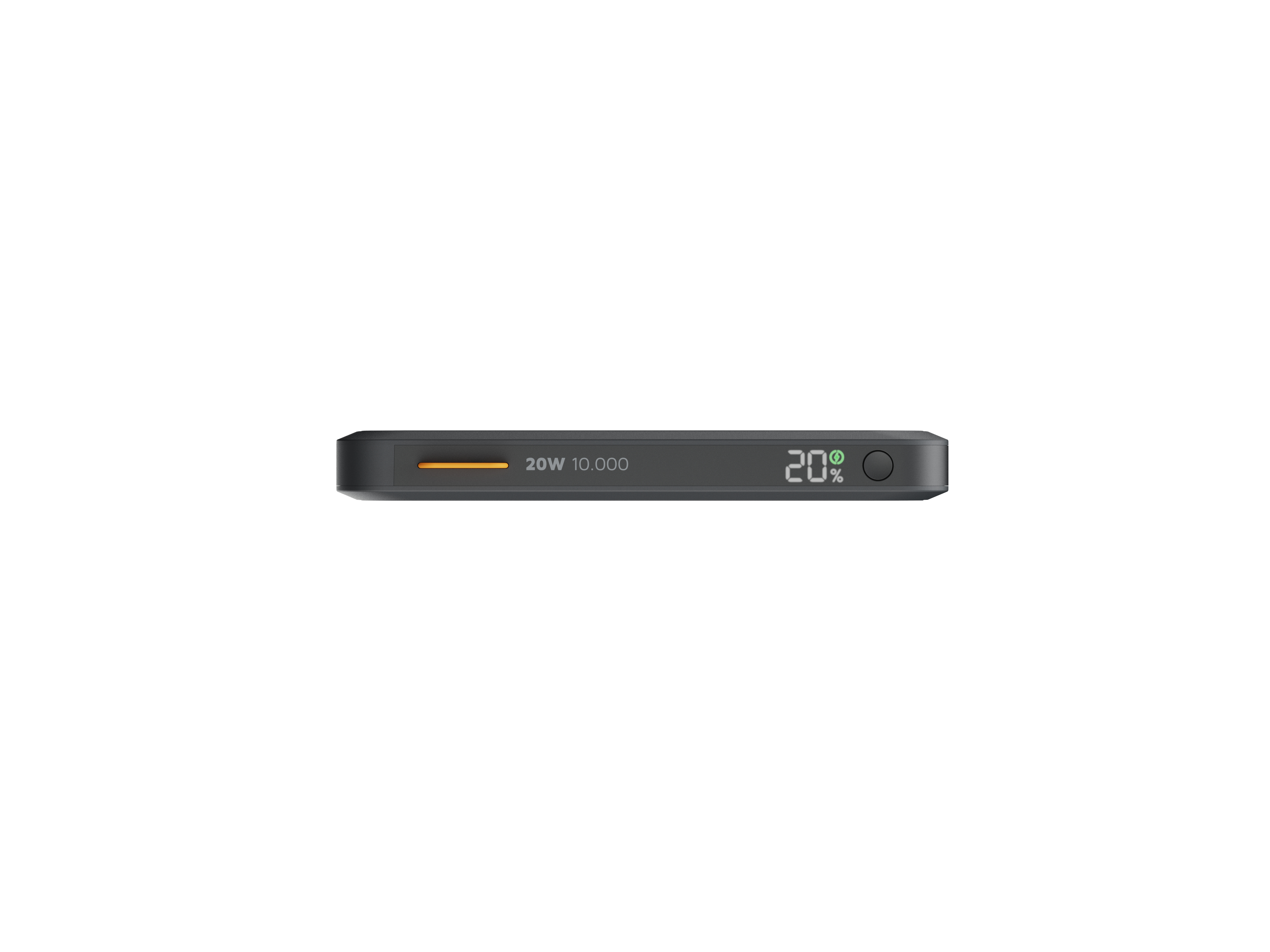 Eine dunkelgraue Powerbank mit 20 % Ladung. Sie hat einen Einschaltknopf, eine orange Linie und den Text 20W 10.000.