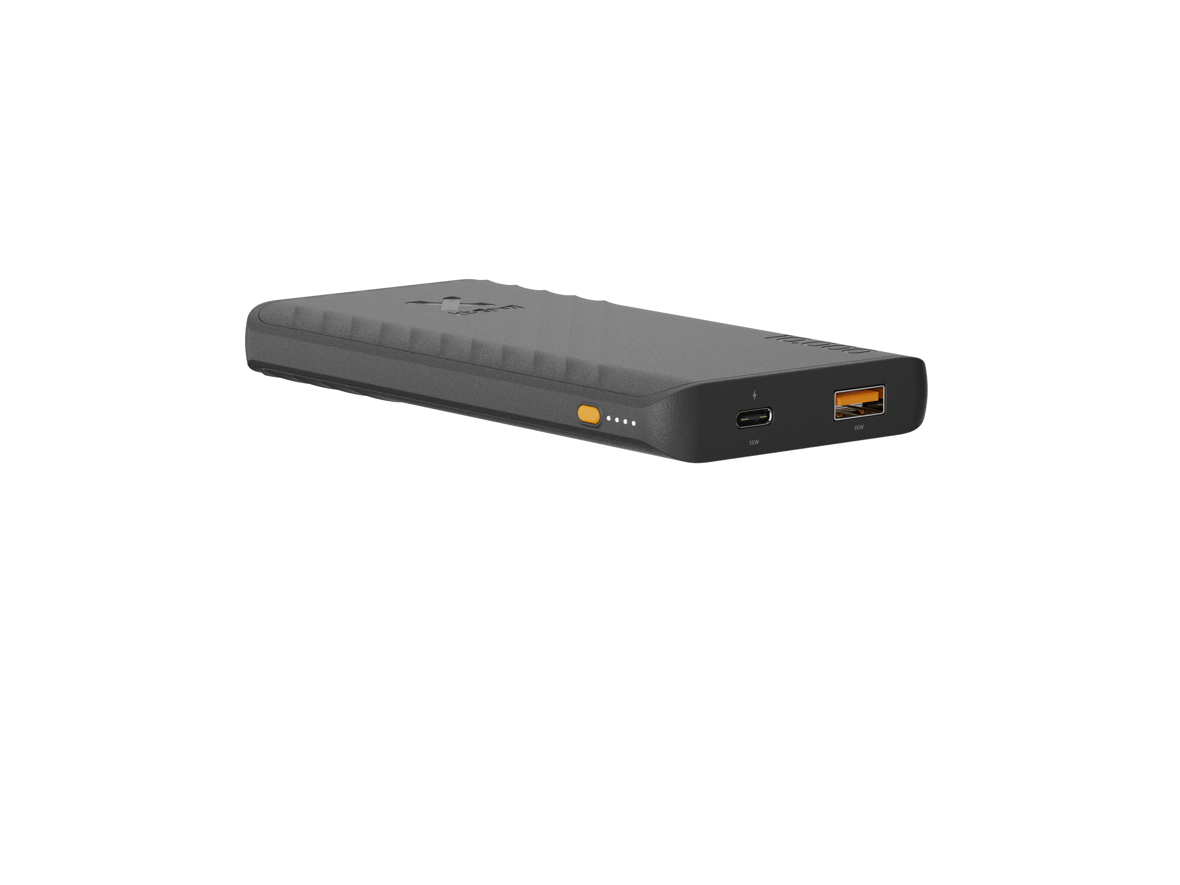 Une batterie externe gris foncé avec des accents orange. Elle possède plusieurs ports et un indicateur d'alimentation.