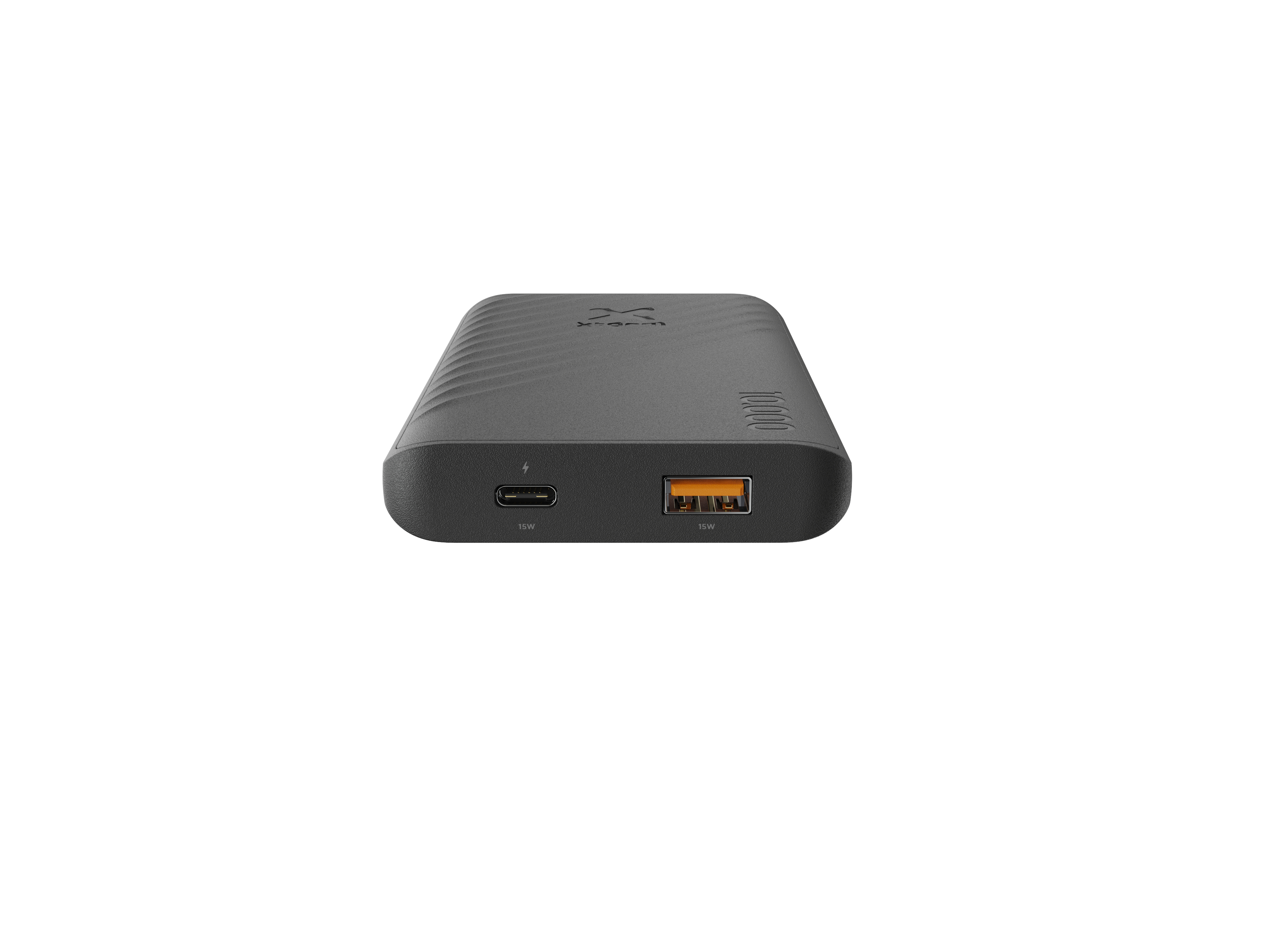 Une batterie externe grise avec deux ports et un logo. Les ports sont étiquetés 15W. Le fond est blanc.