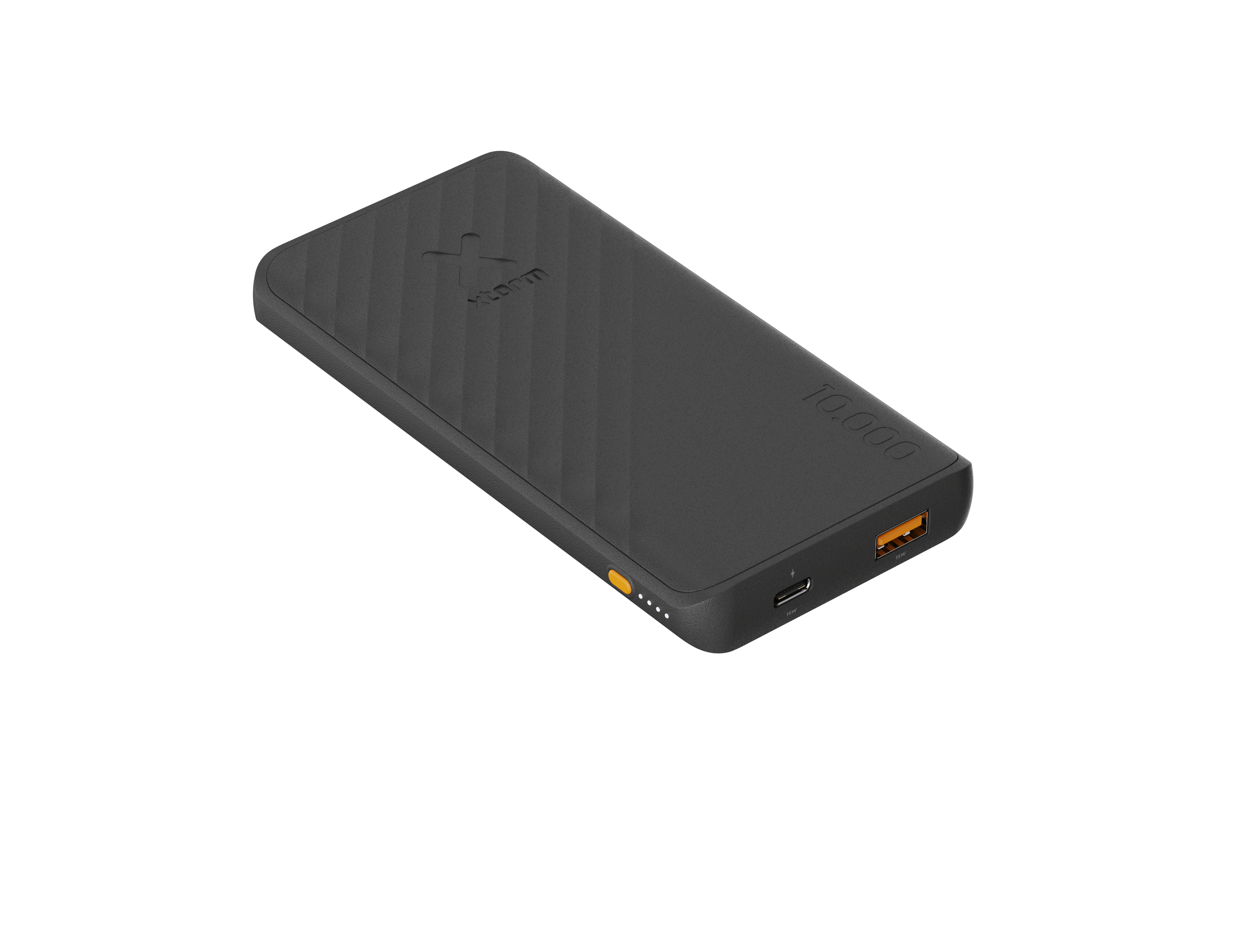 Une batterie externe noire avec une surface texturée, un port USB et des détails orange, sur fond blanc.