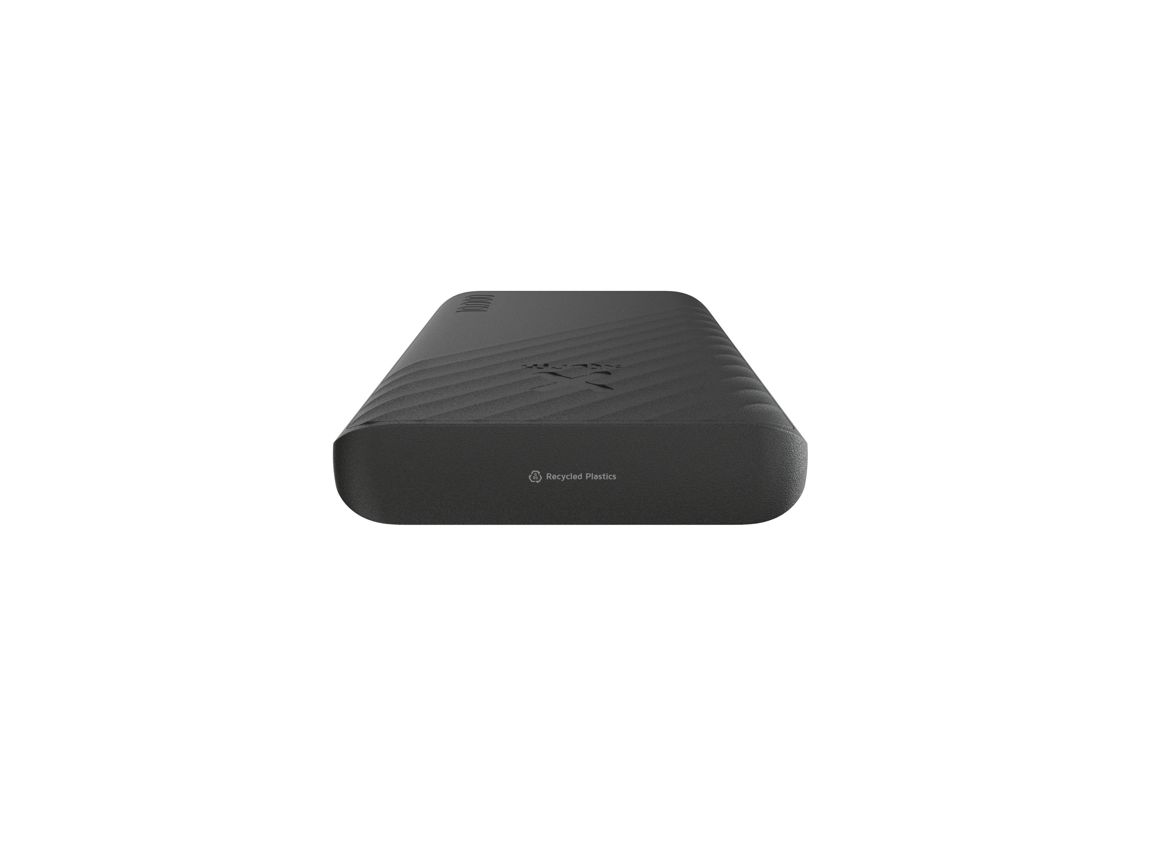 Un disque dur externe noir et rectangulaire sur fond blanc. Il a une surface texturée et des bords arrondis.