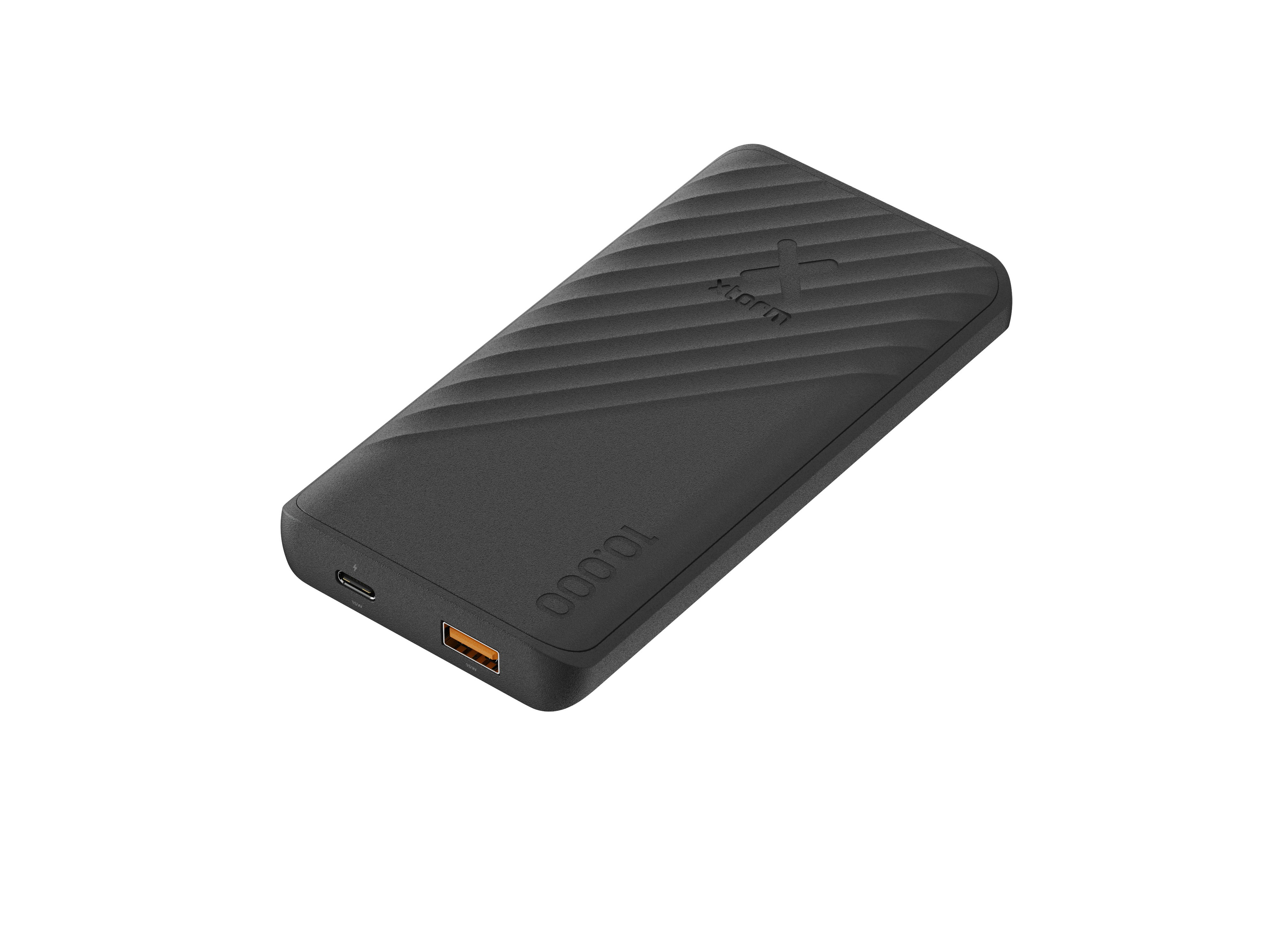Une batterie externe noire avec une surface texturée, un port USB et un port USB orange, isolée sur fond blanc.