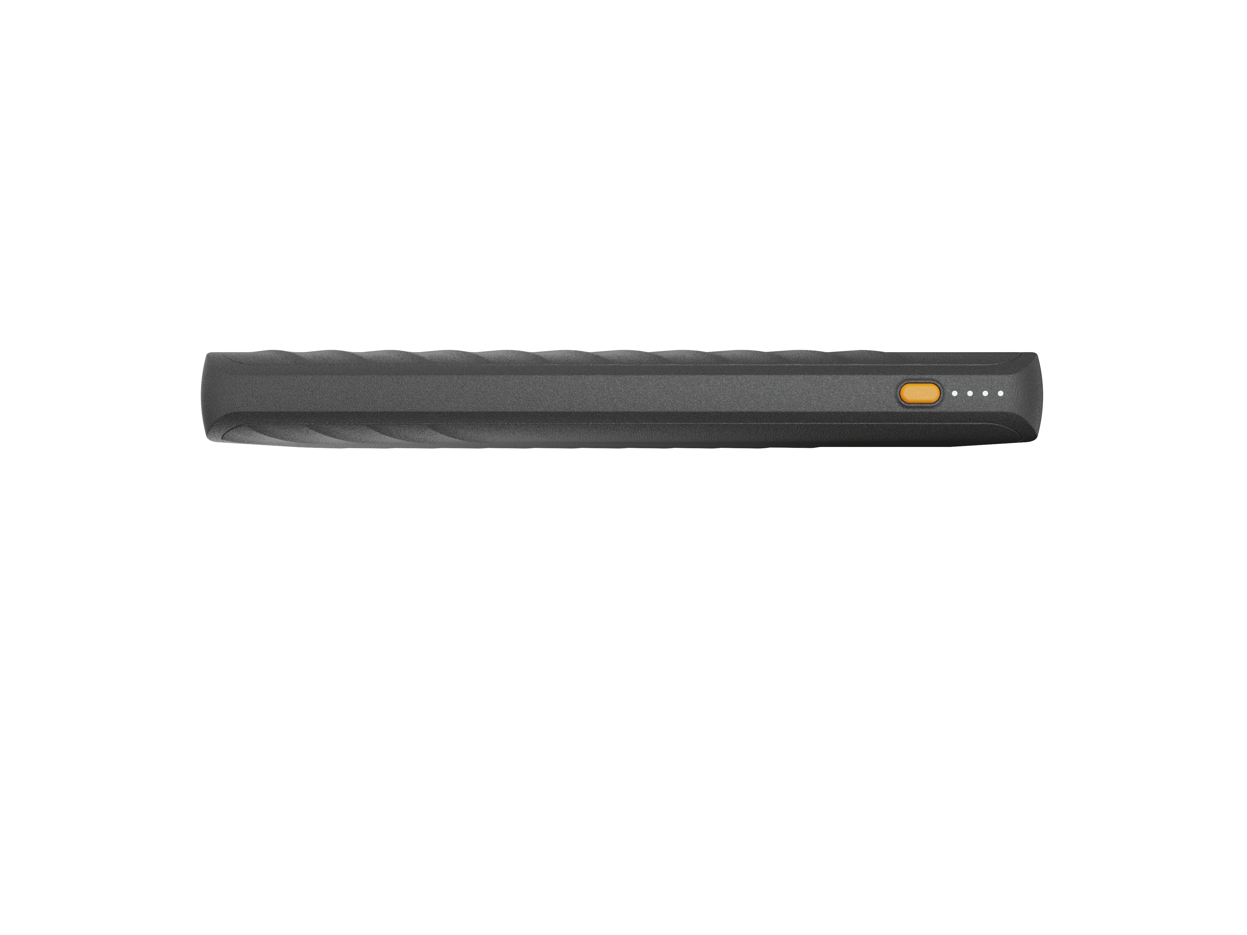 Une batterie externe gris foncé avec un bouton orange et quatre voyants blancs, sur fond blanc.