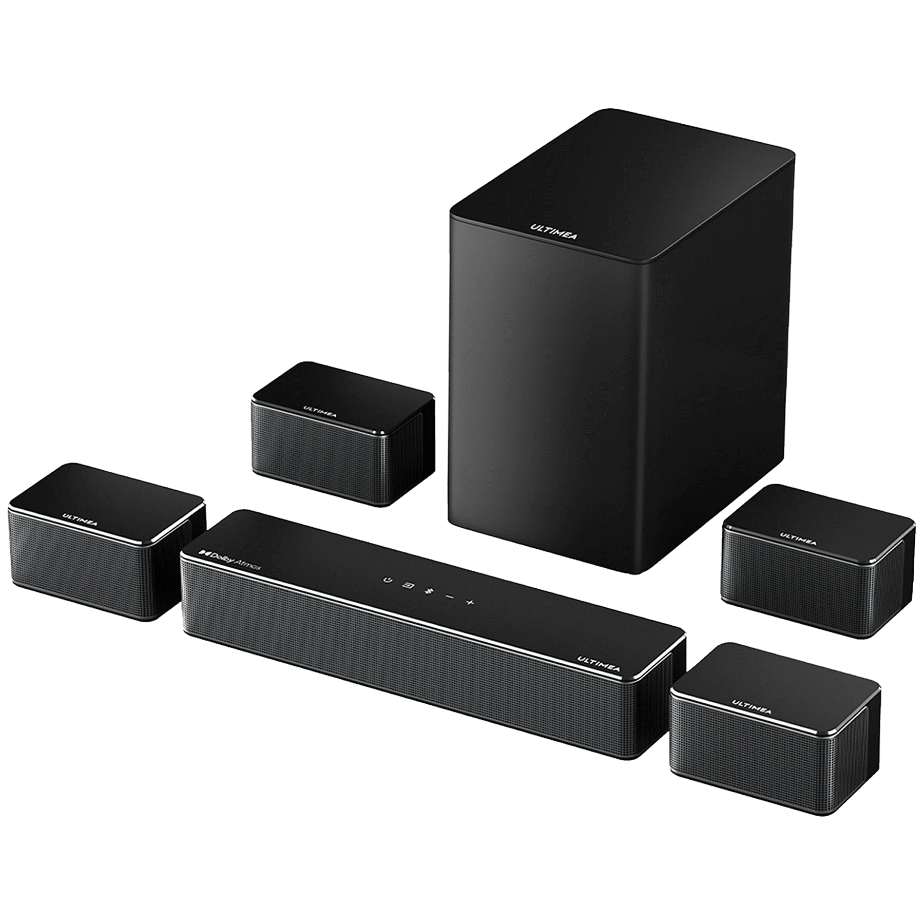 Un sistema audio nero con un subwoofer e quattro altoparlanti satellitari, tutti con il logo 'ULTIMEA'.