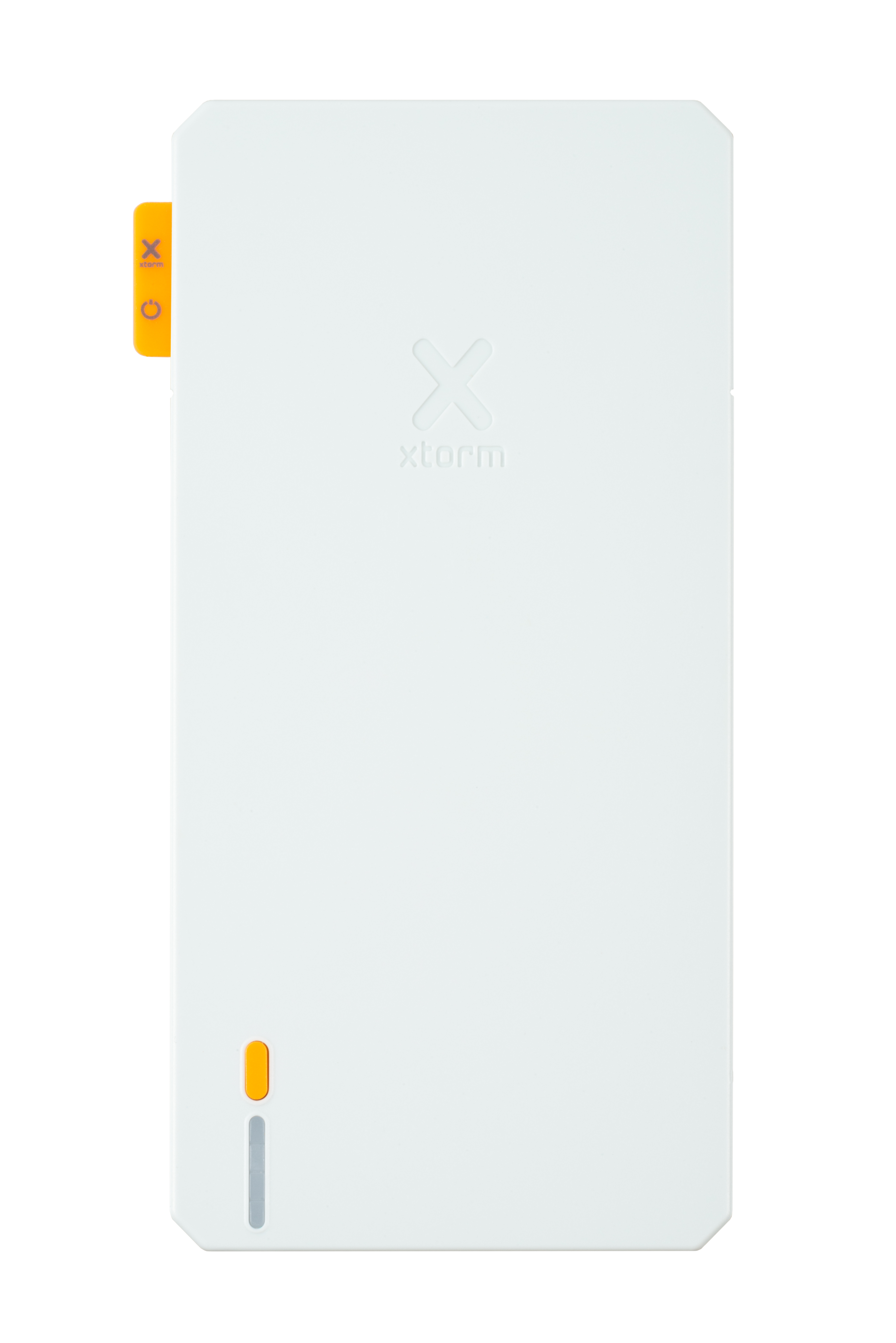 Wit rechthoekig apparaat met een oranje zijlip, een oranje indicator en een reliëf X-logo. Het merk is xtorm.