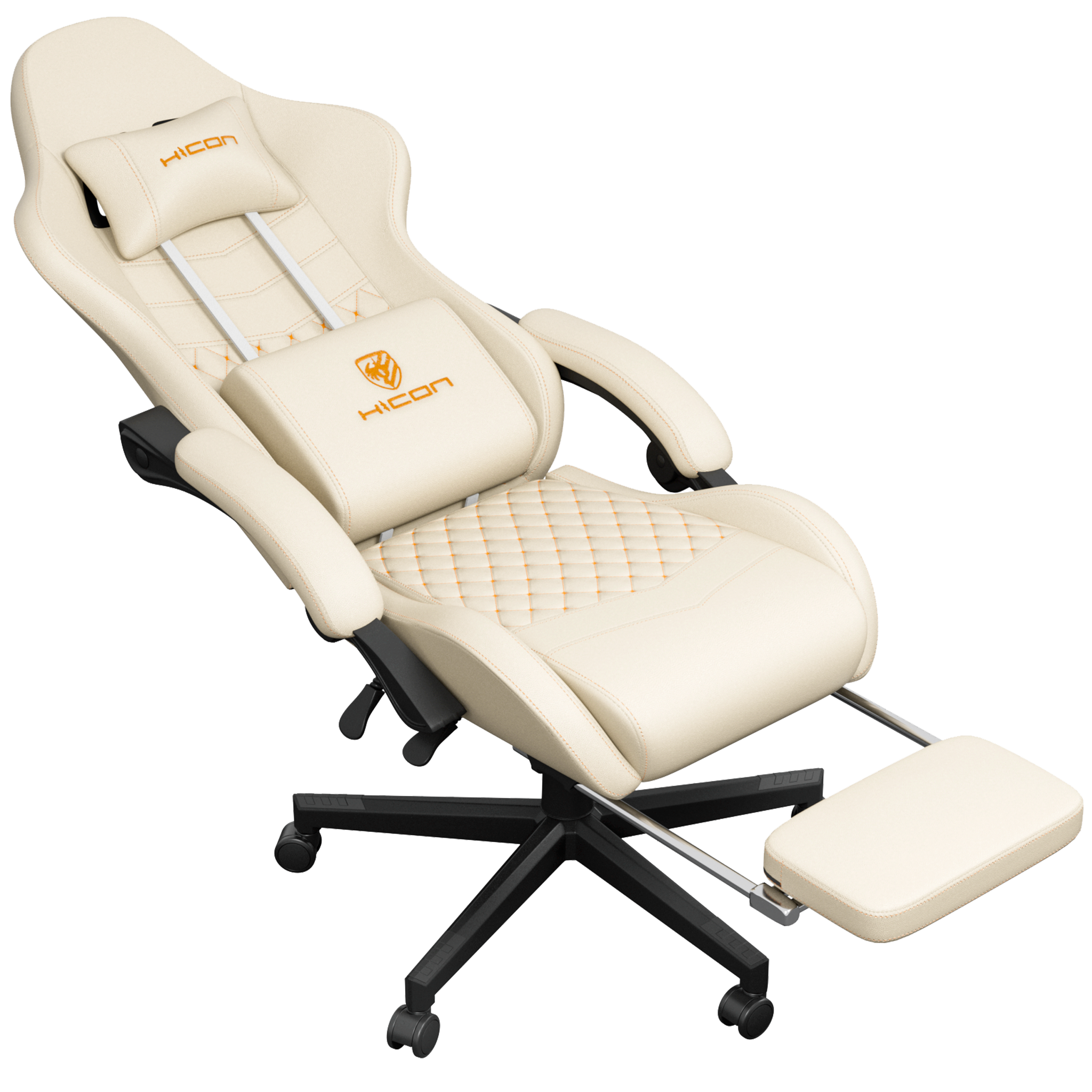 Chaise de jeu crème avec des accents orange. Avec appui-tête, support lombaire, accoudoirs et repose-pieds sur une base noire.