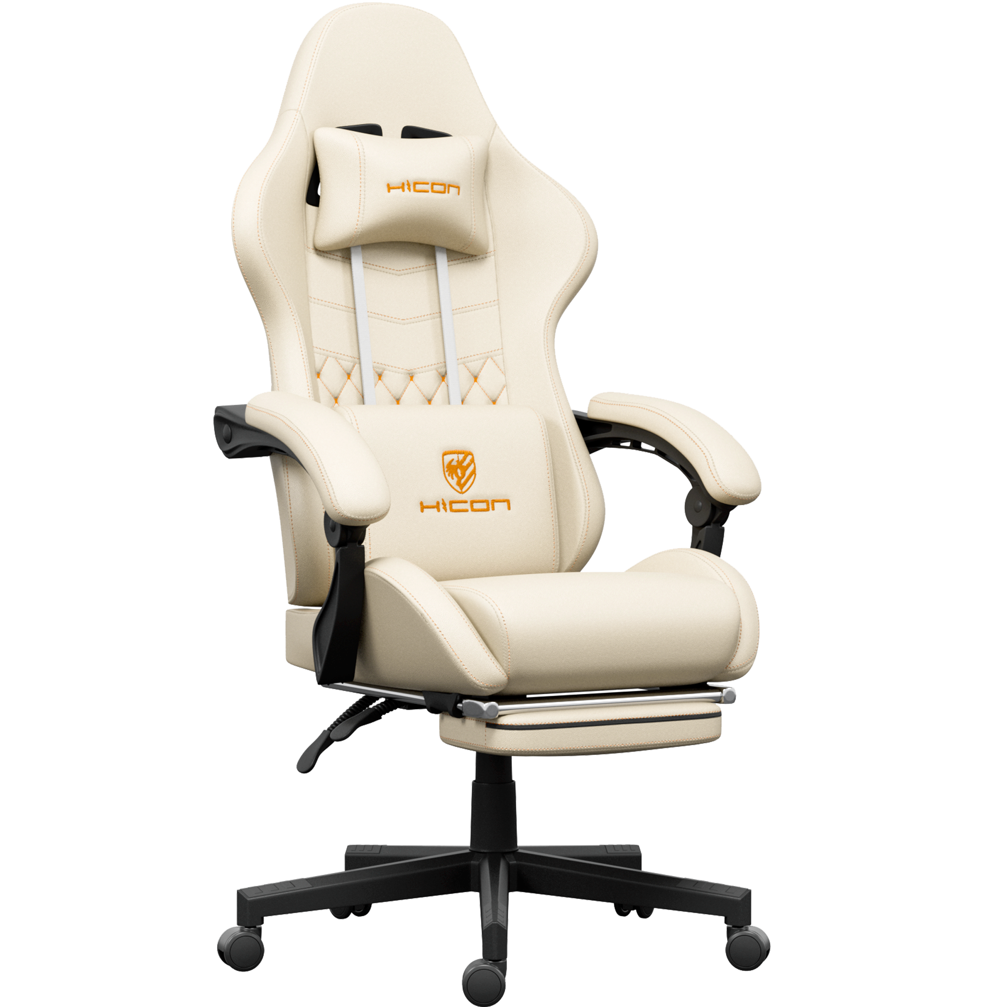 Chaise gaming crème avec détails orange. Appuie-tête, support lombaire, accoudoirs et repose-pieds. Base noire avec roues.