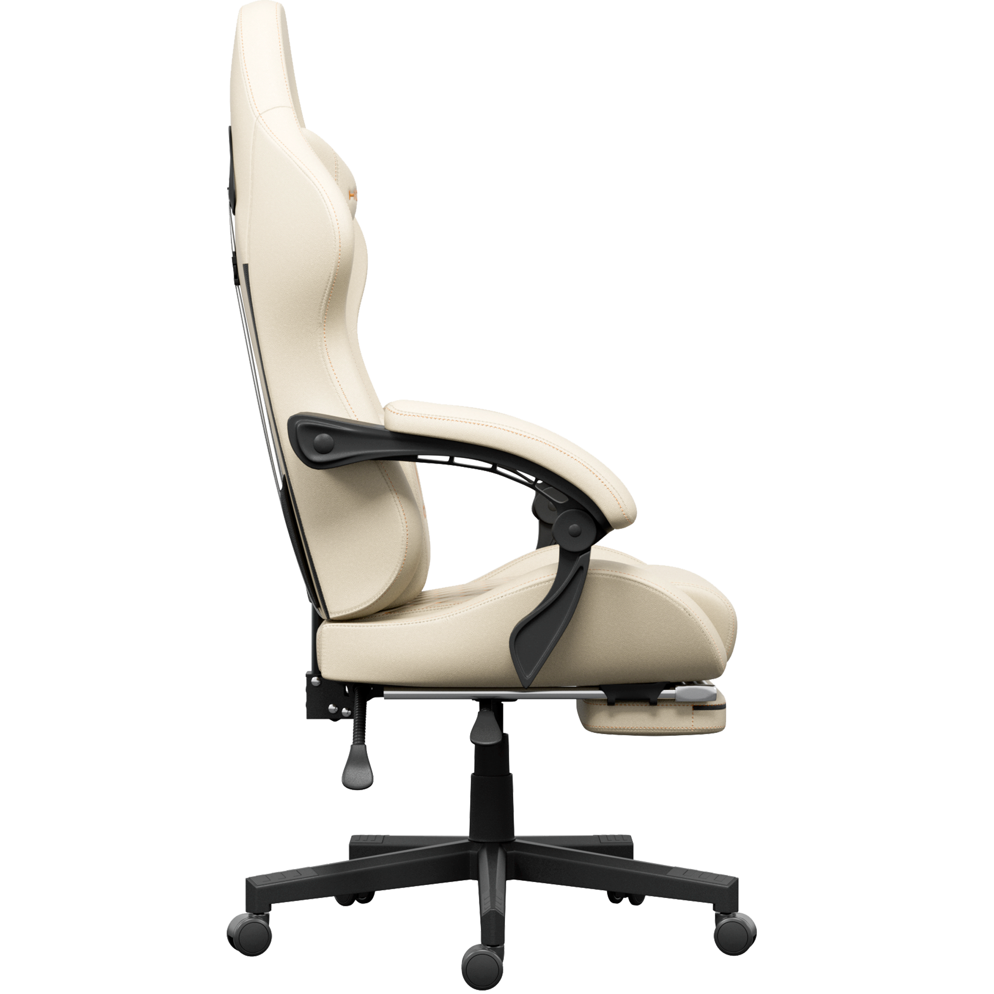 Chaise de jeu ergonomique crème avec des accents noirs. Dispose d'un appui-tête, d'accoudoirs et d'un repose-pieds. Base avec roues.