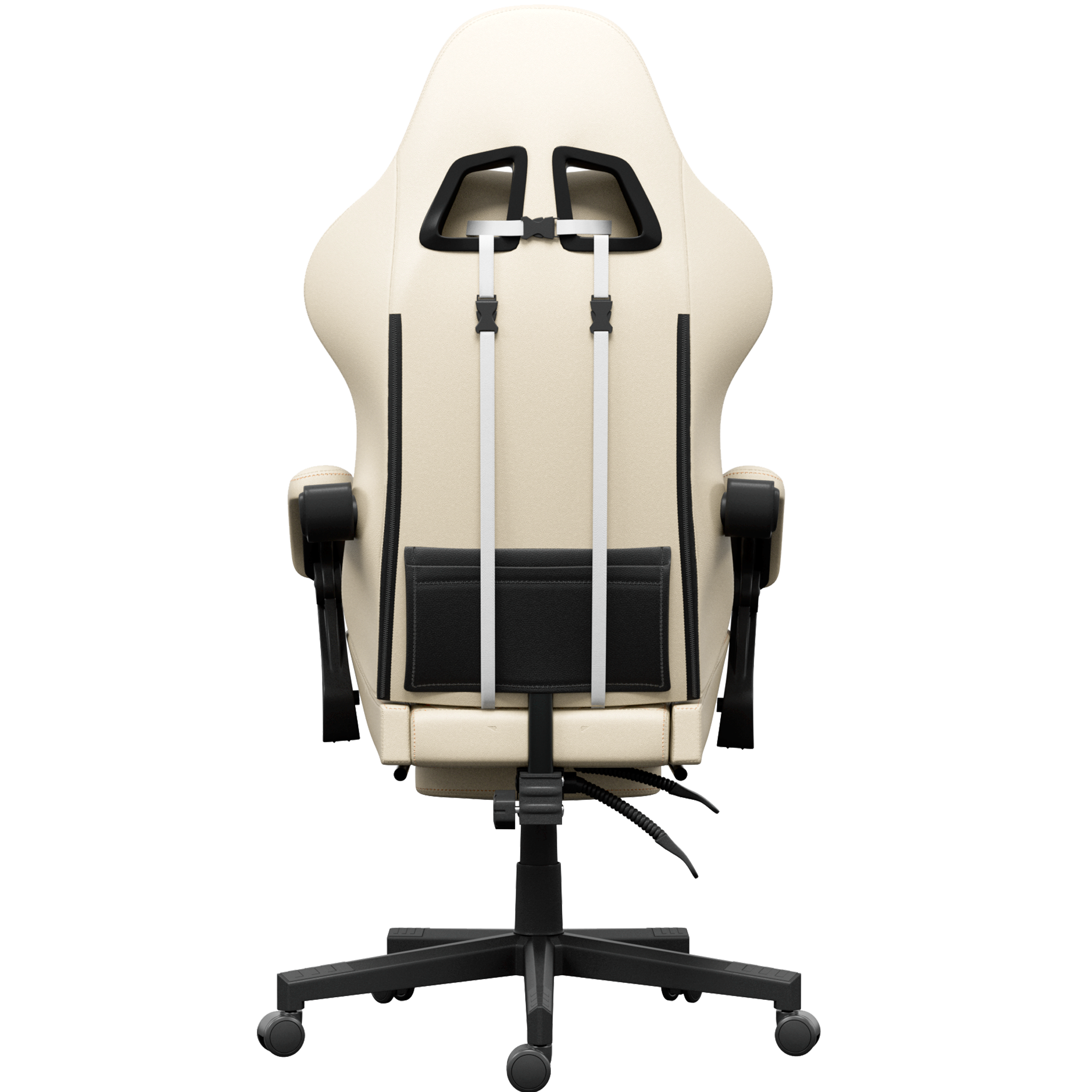 Vue arrière d'une chaise de jeu crème avec des accents noirs. Elle a une base et des accoudoirs noirs. Des sangles blanches sont visibles.