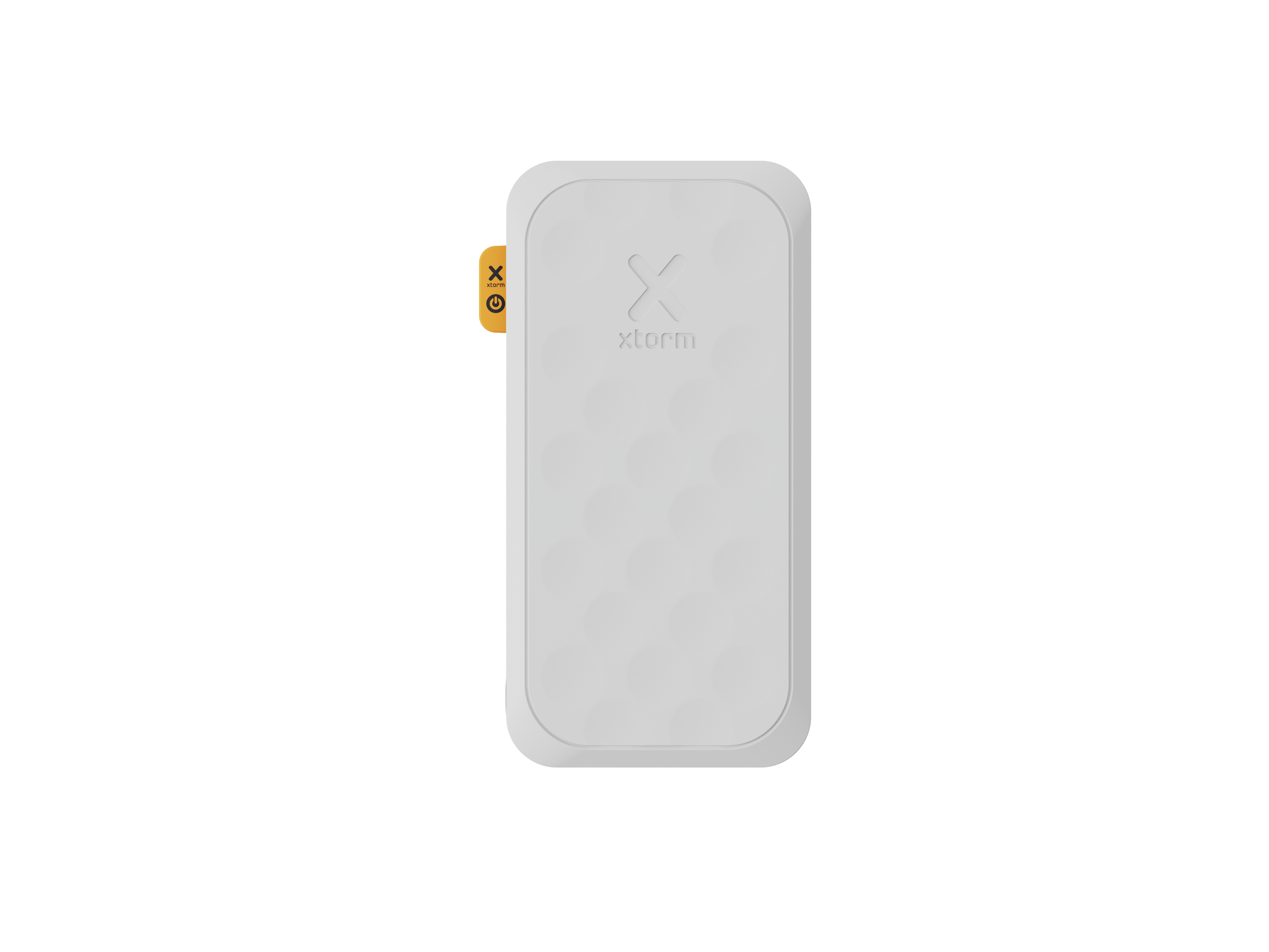 Une batterie externe rectangulaire blanche avec un logo et un bouton. Une étiquette orange avec le logo est sur le côté.