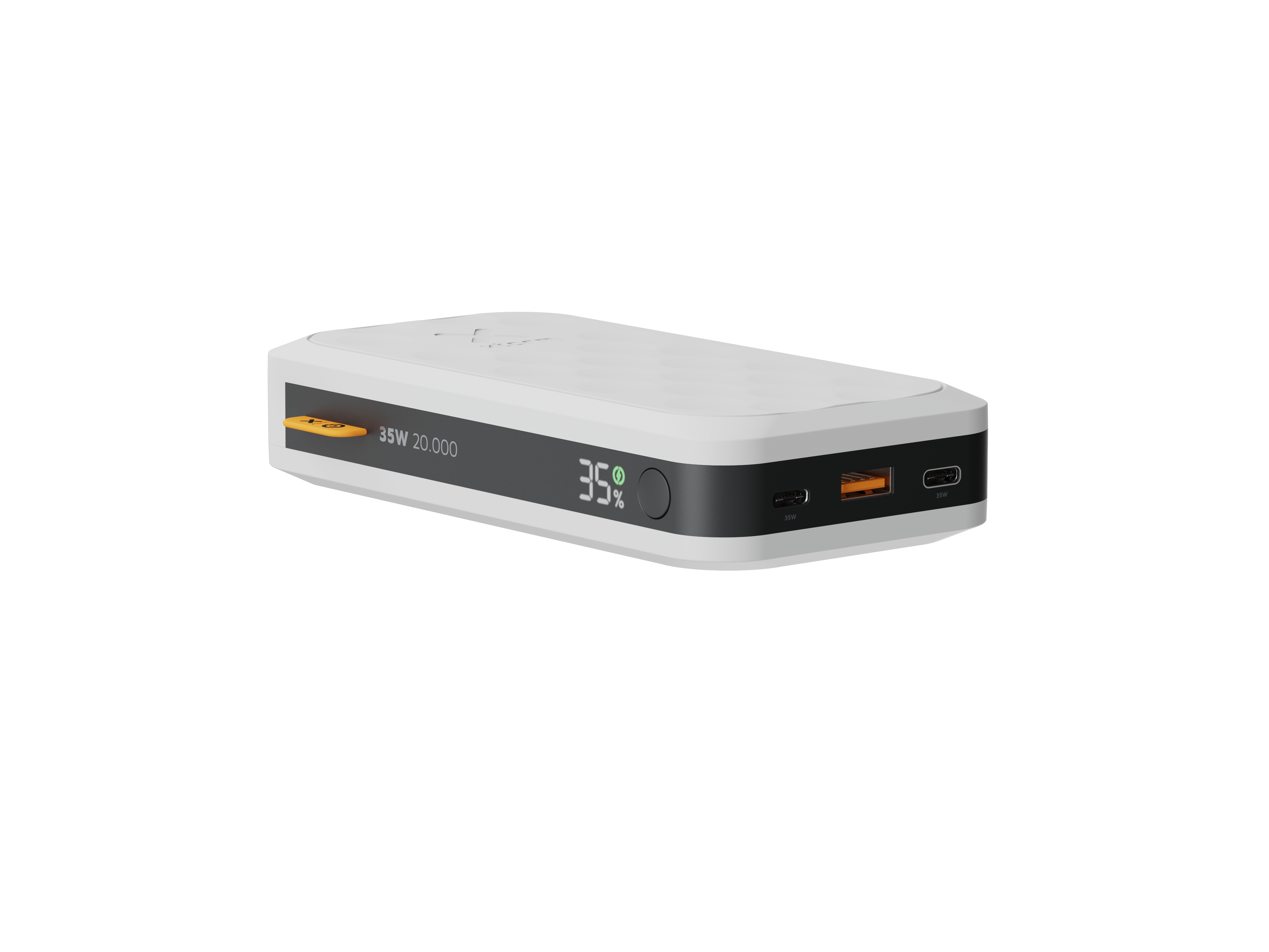 Une batterie externe blanche affiche 35% de batterie. Elle a un bouton d'alimentation, des ports USB et une fente jaune.