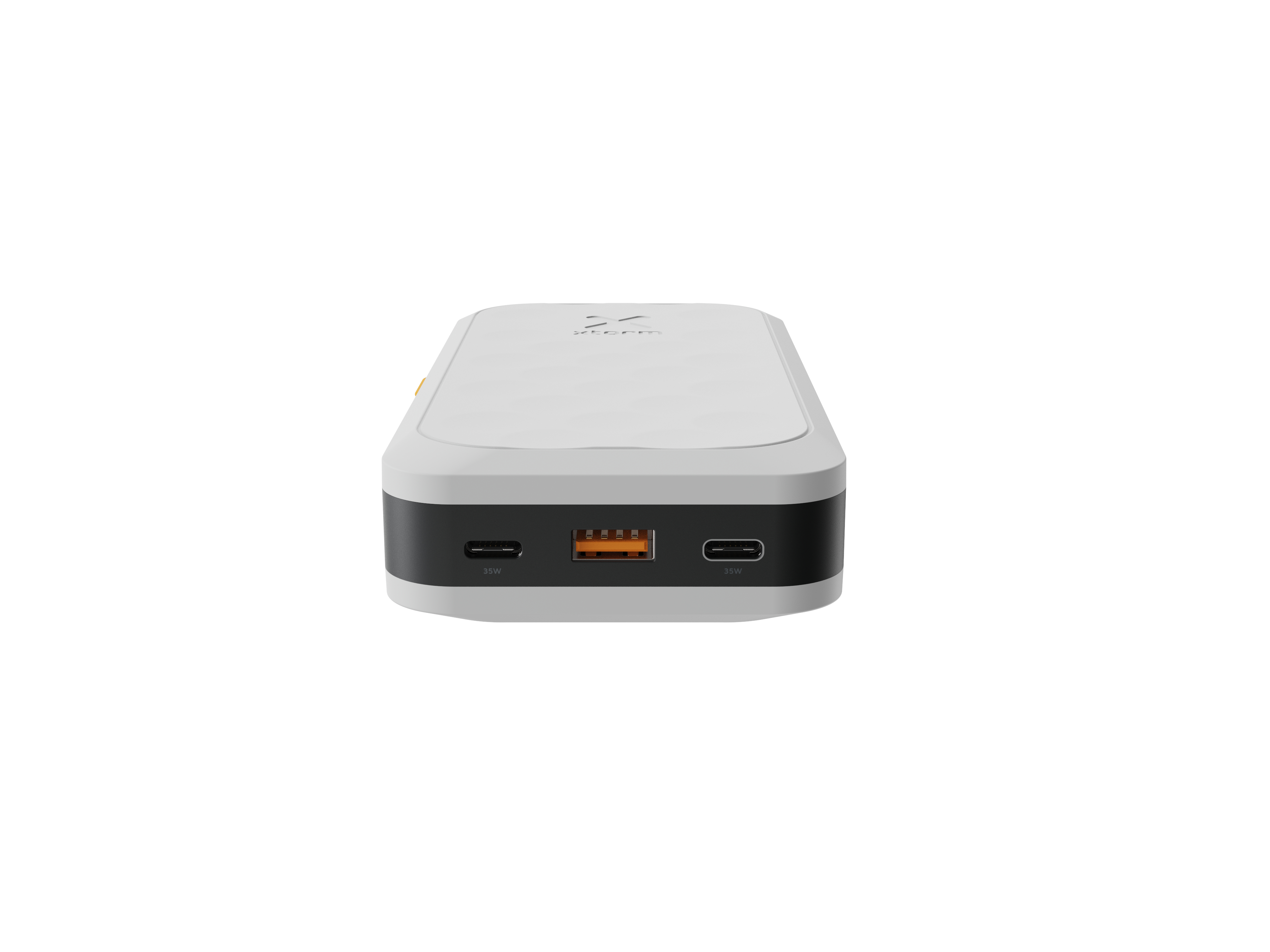 Une batterie externe blanche et noire avec des ports USB orange et des ports USB-C sur fond blanc.