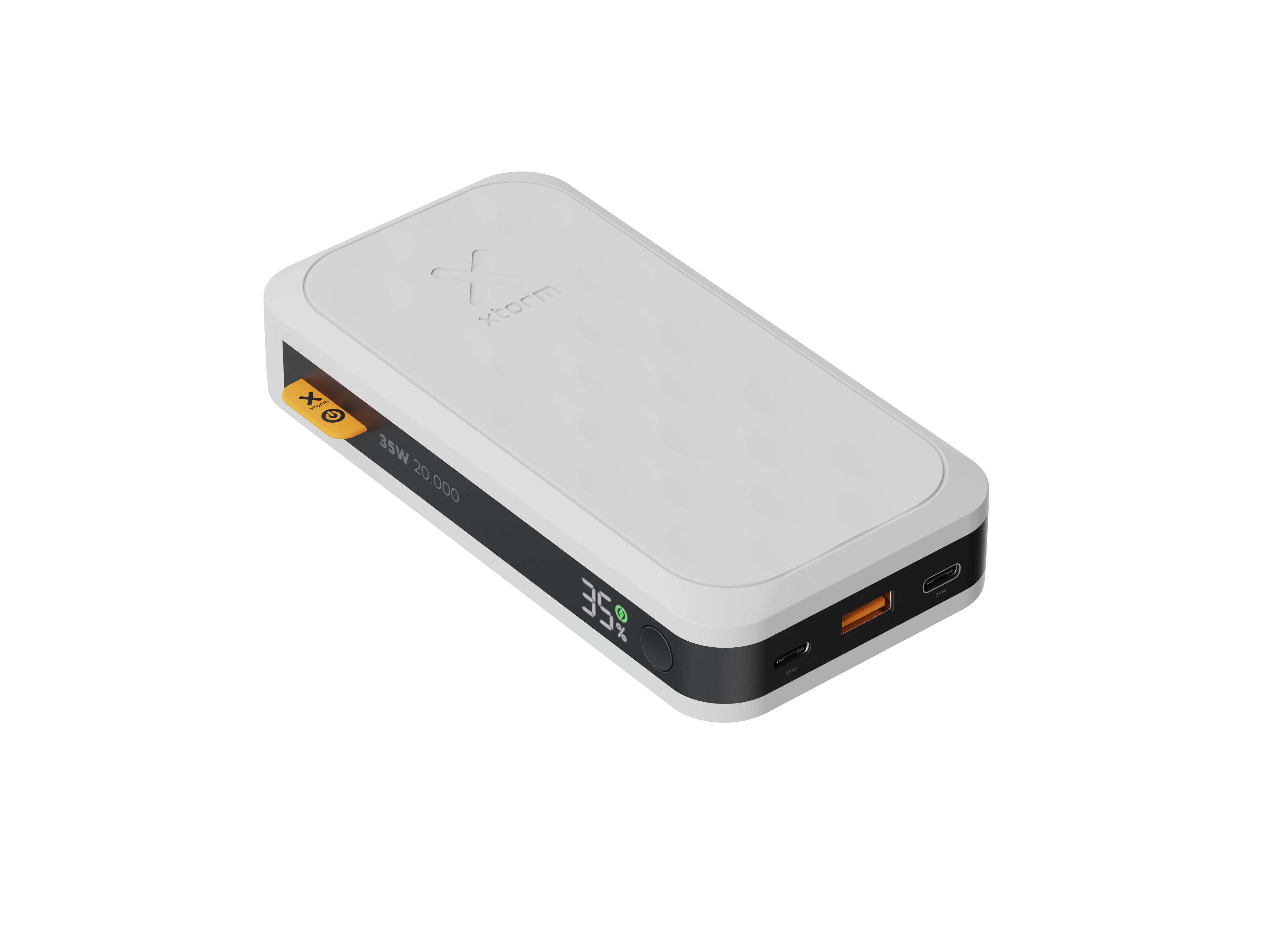 Chargeur portable blanc et gris avec des touches orange et noir. Affiche un écran avec 35% de batterie.