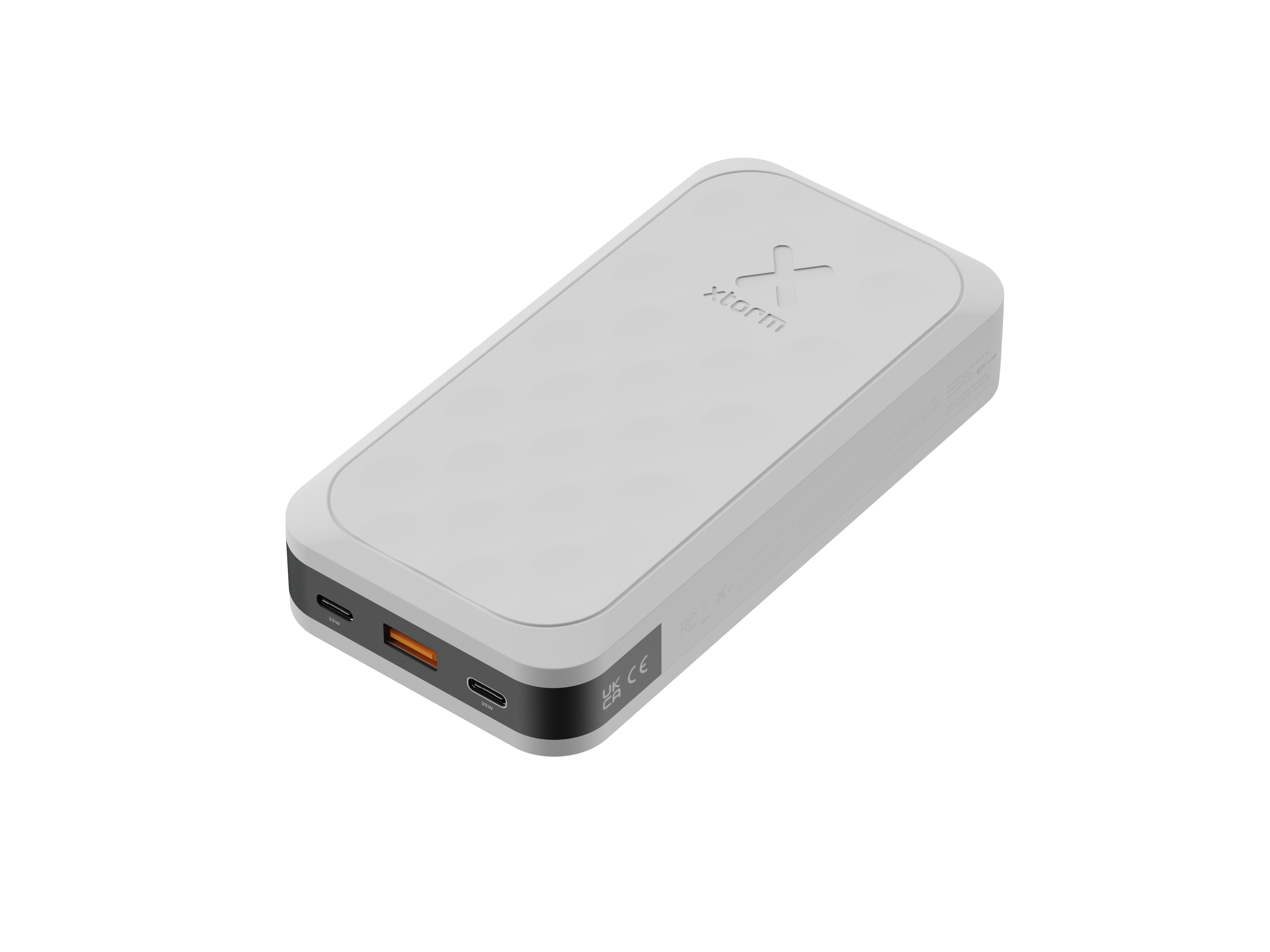 Une batterie externe blanche avec le logo 'x'. Elle a une bordure noire et des ports. Sur fond blanc.