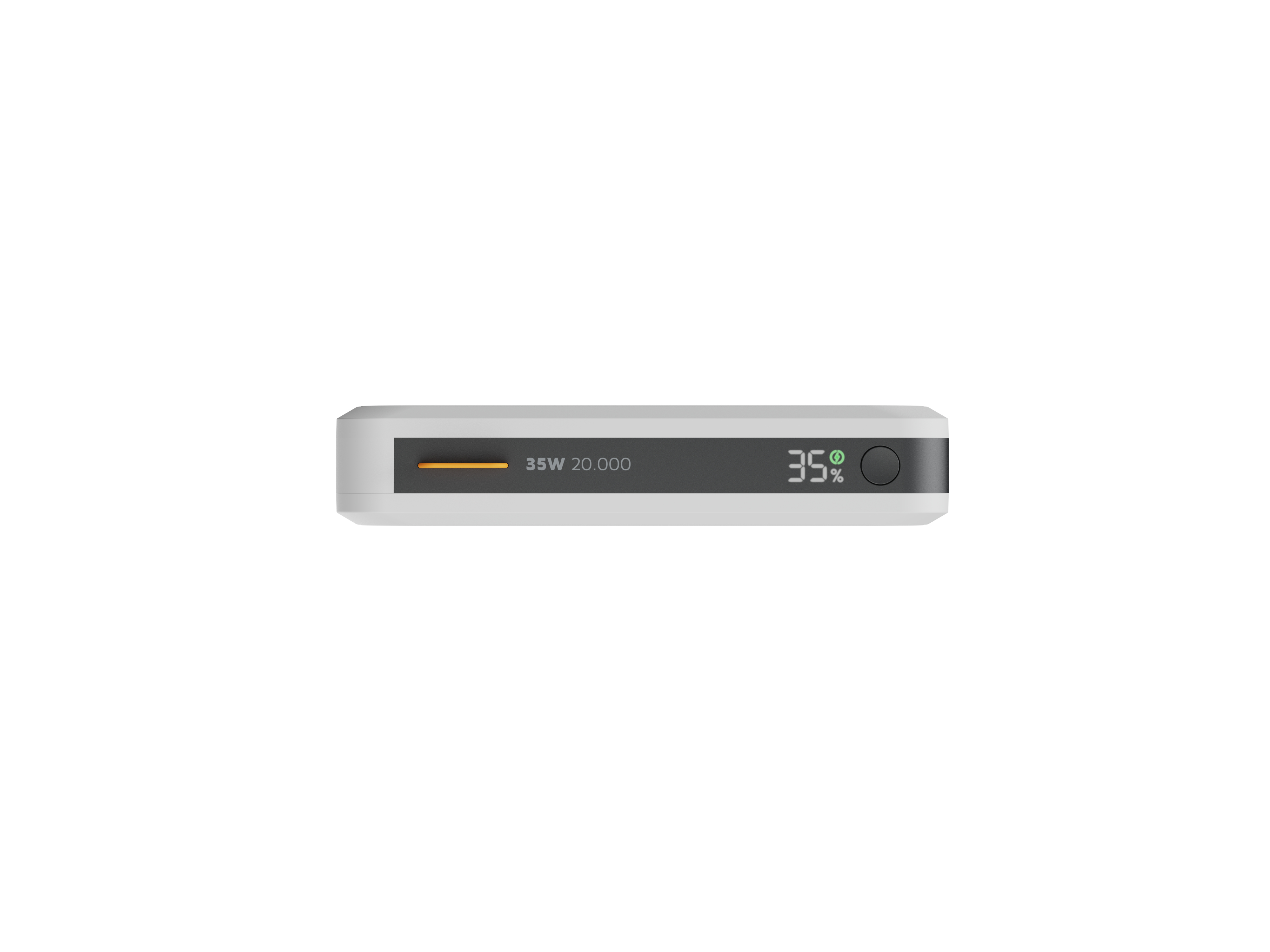 Une batterie externe blanche avec une bande grise. Elle affiche 35% de batterie. Texte: 35W 20.000.