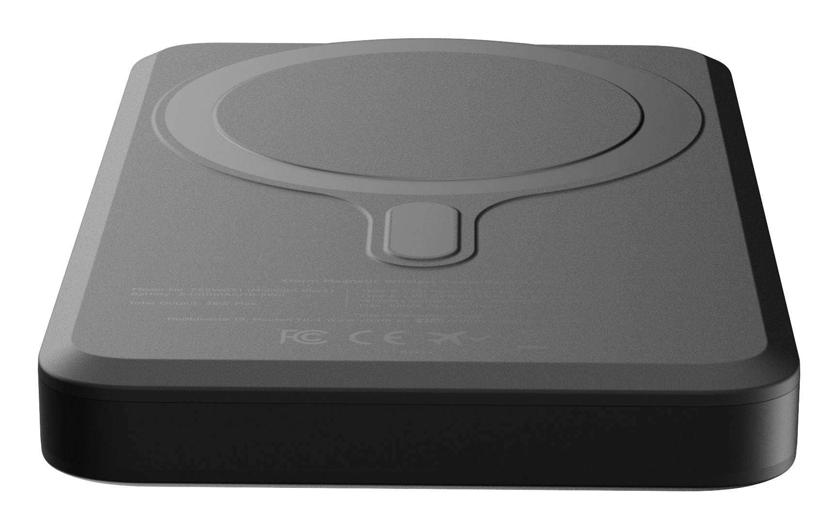 Eine dunkelgraue, rechteckige, kabellose Powerbank mit kreisförmigem Ladebereich und kleinem rechteckigen Vorsprung.