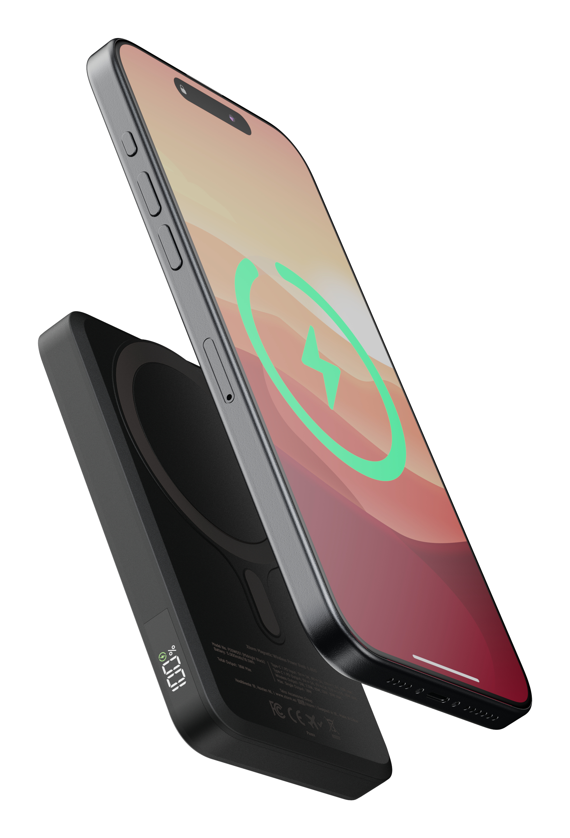 Ein Telefon, das drahtlos auf einer schwarzen Powerbank geladen wird, mit einem grünen Blitzsymbol auf dem Bildschirm.
