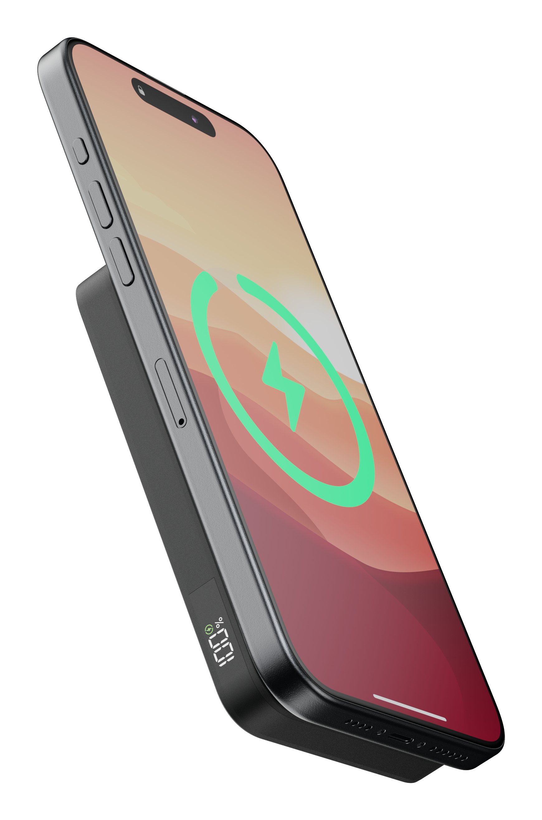 Ein Telefon, das auf einem kabellosen Ladegerät geladen wird. Der Bildschirm zeigt ein Ladesymbol.