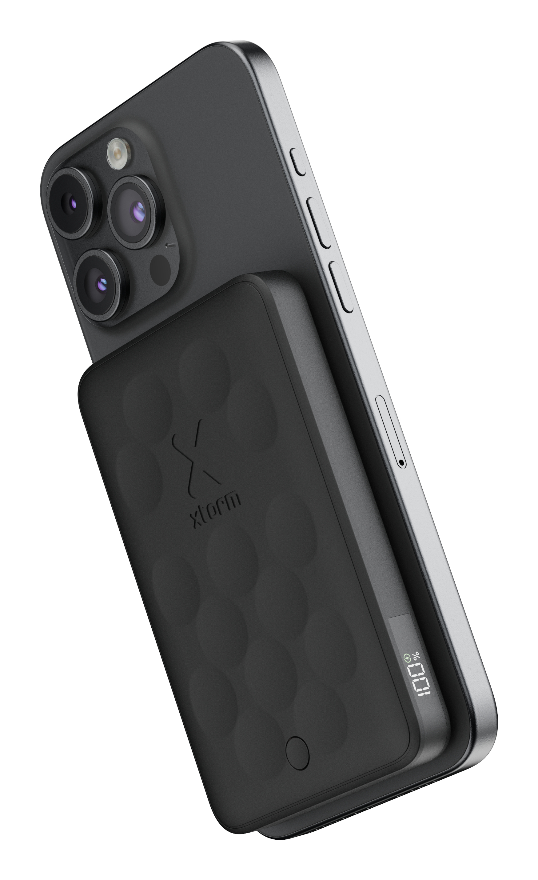 Ein schwarzes Smartphone mit einer schwarzen Powerbank. Die Powerbank hat ein Display mit 100%.