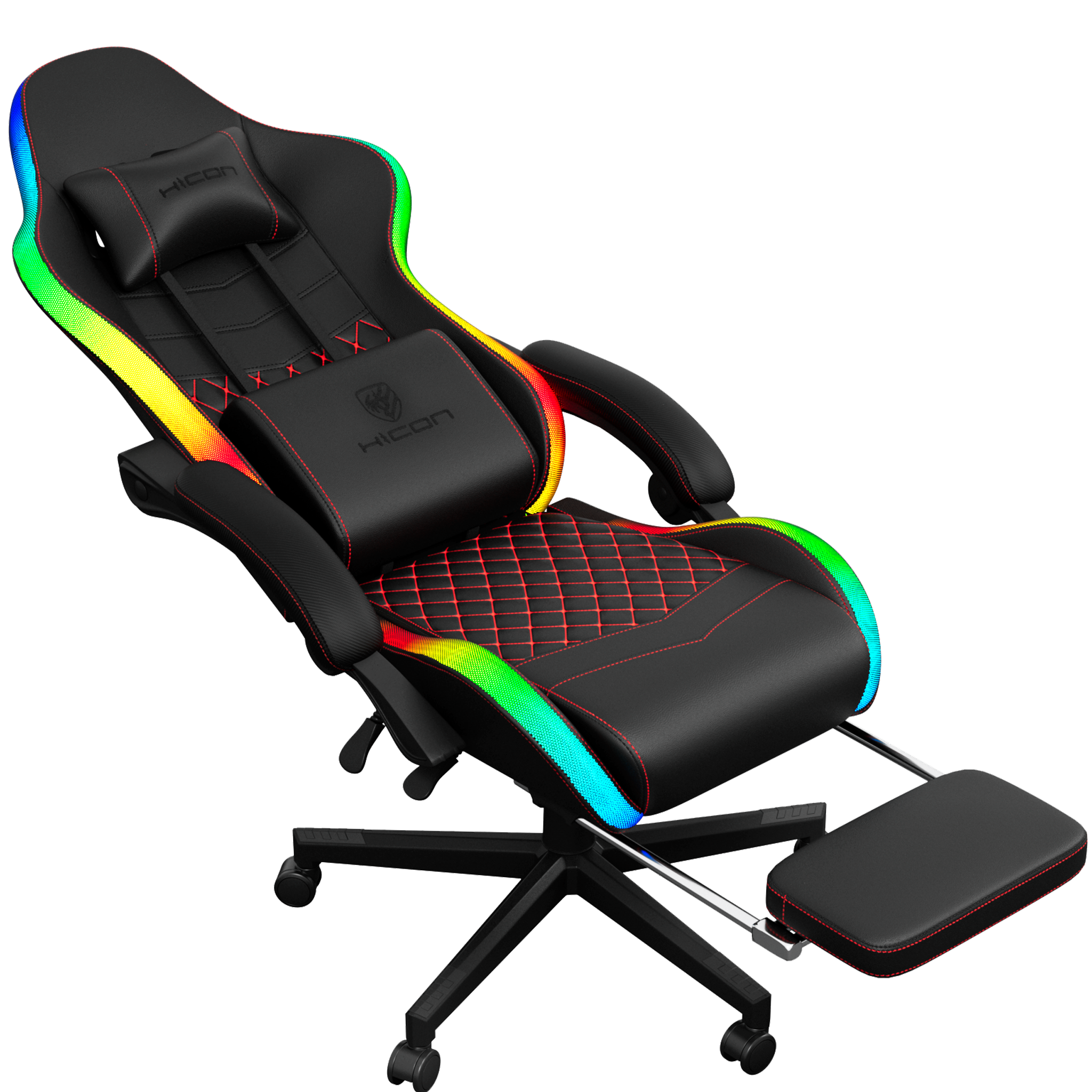 Chaise gaming noire avec coutures rouges et lumières RGB. Comprend un appui-tête, un support lombaire, des accoudoirs et un repose-pieds. Logo HICON visible.