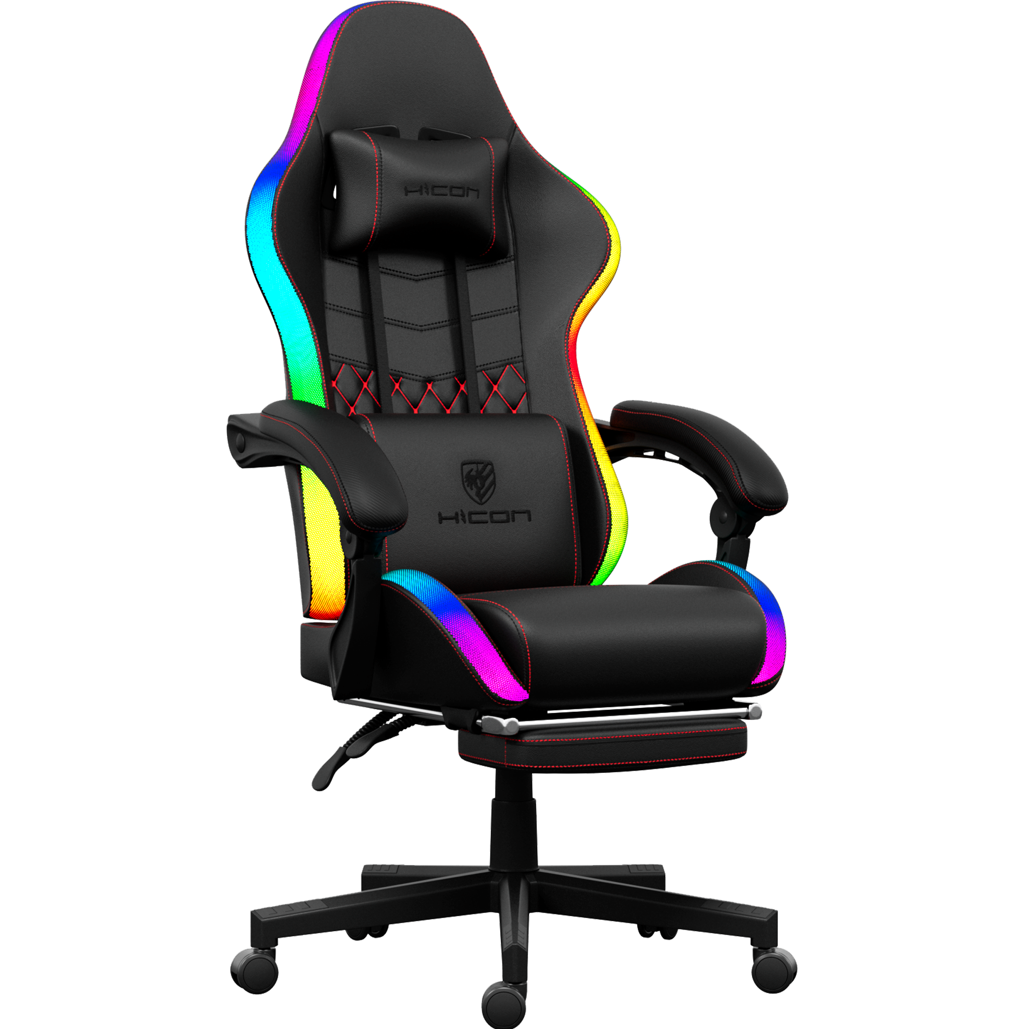 Chaise de jeu noire avec lumières RVB. Elle a un appui-tête et un coussin lombaire. La marque est HICON.