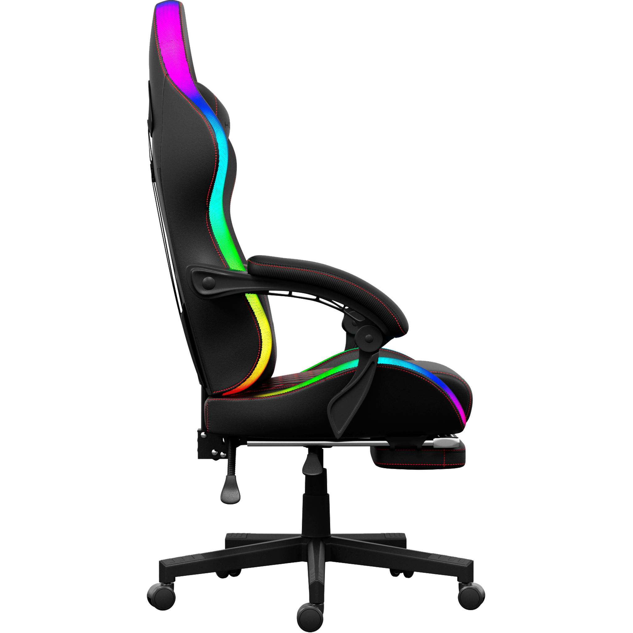 Chaise de jeu noire avec éclairage RVB. Comprend un appui-tête, des accoudoirs et un repose-pieds, sur une base à cinq roues.