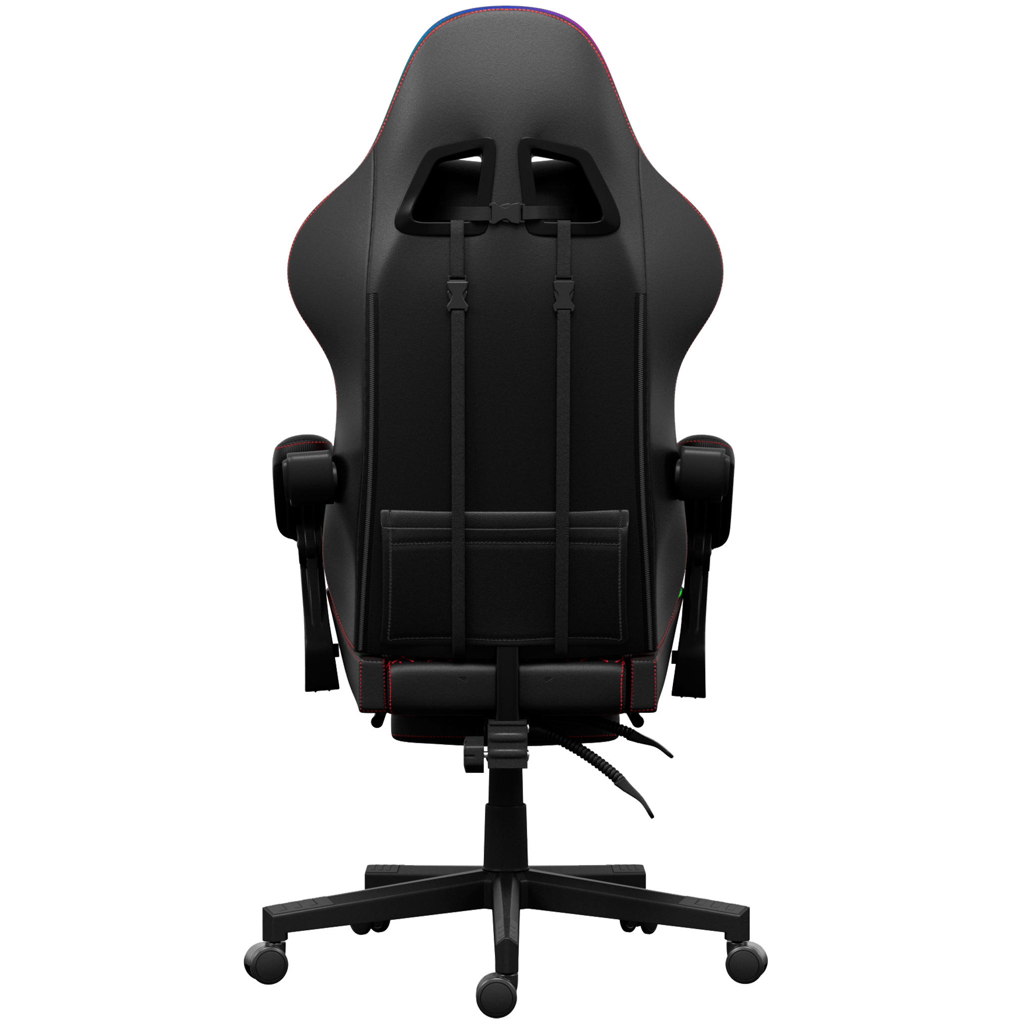 Chaise de jeu noire, vue arrière, avec coutures rouges. Comprend un appuie-tête, un soutien lombaire et des accoudoirs. Elle est sur roues.