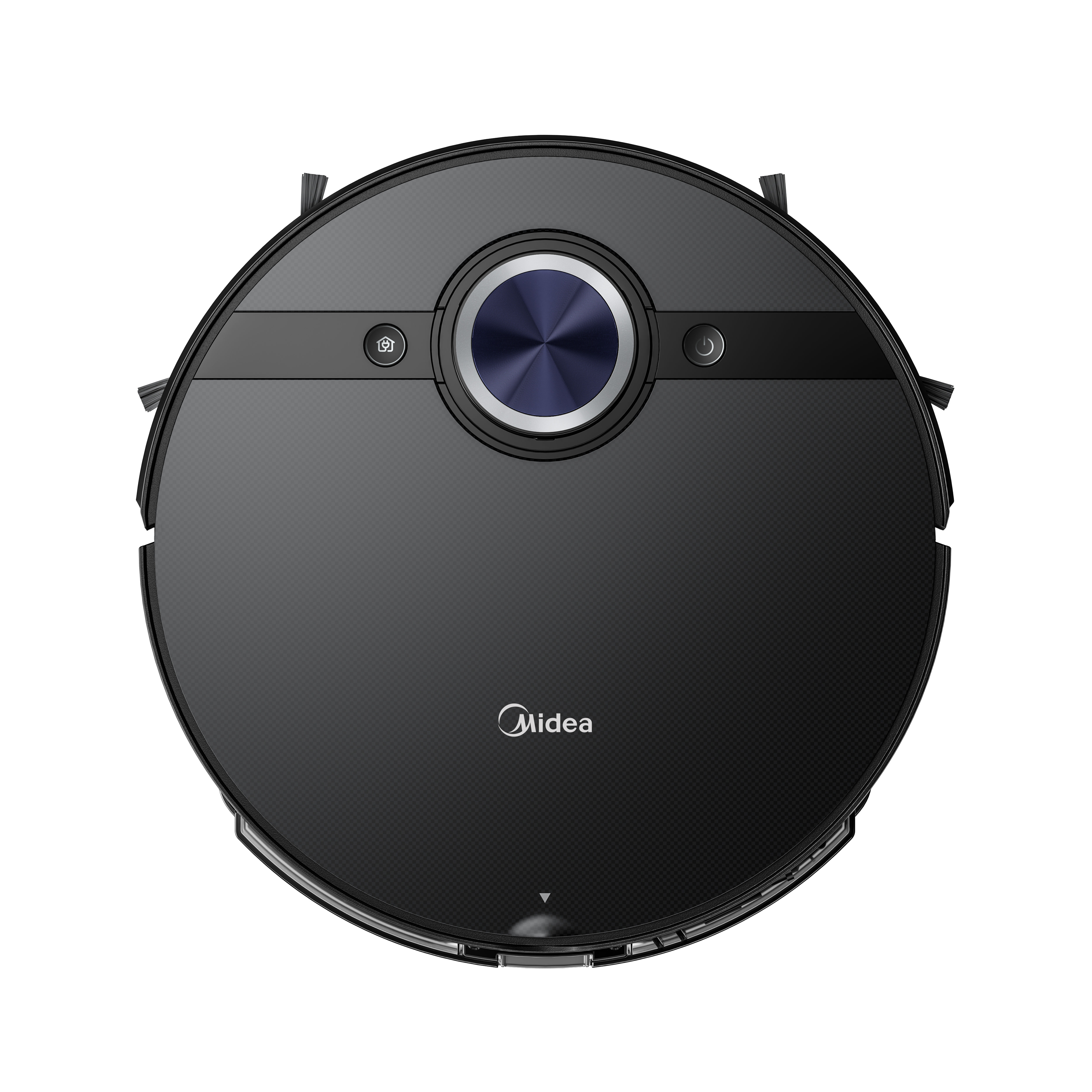 Un aspirateur robot Midea noir. Il a un bouton bleu central, des boutons d'alimentation et de caméra, et un logo.
