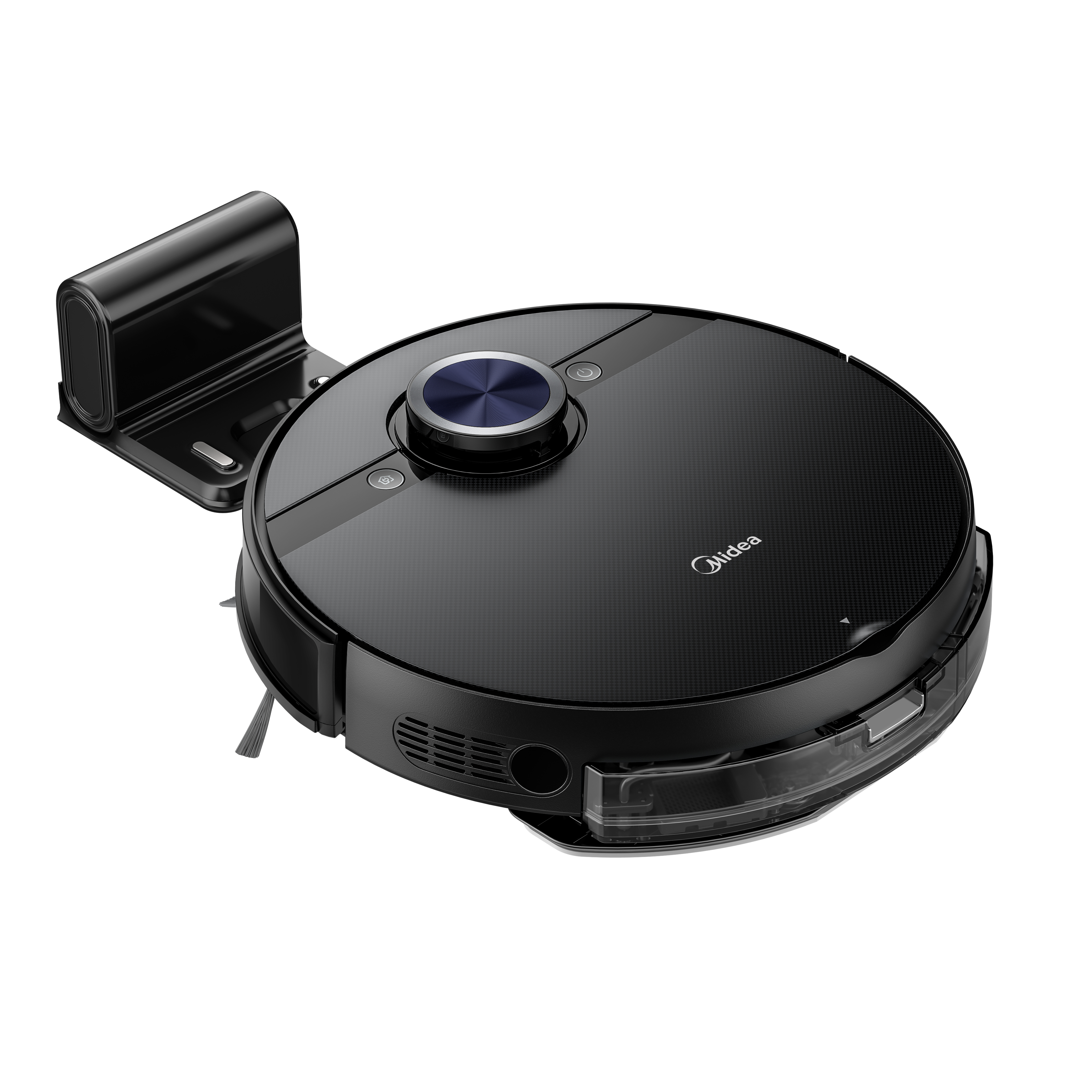 Un aspirateur robot noir avec une station d'accueil. Il a une forme ronde et un centre bleu.