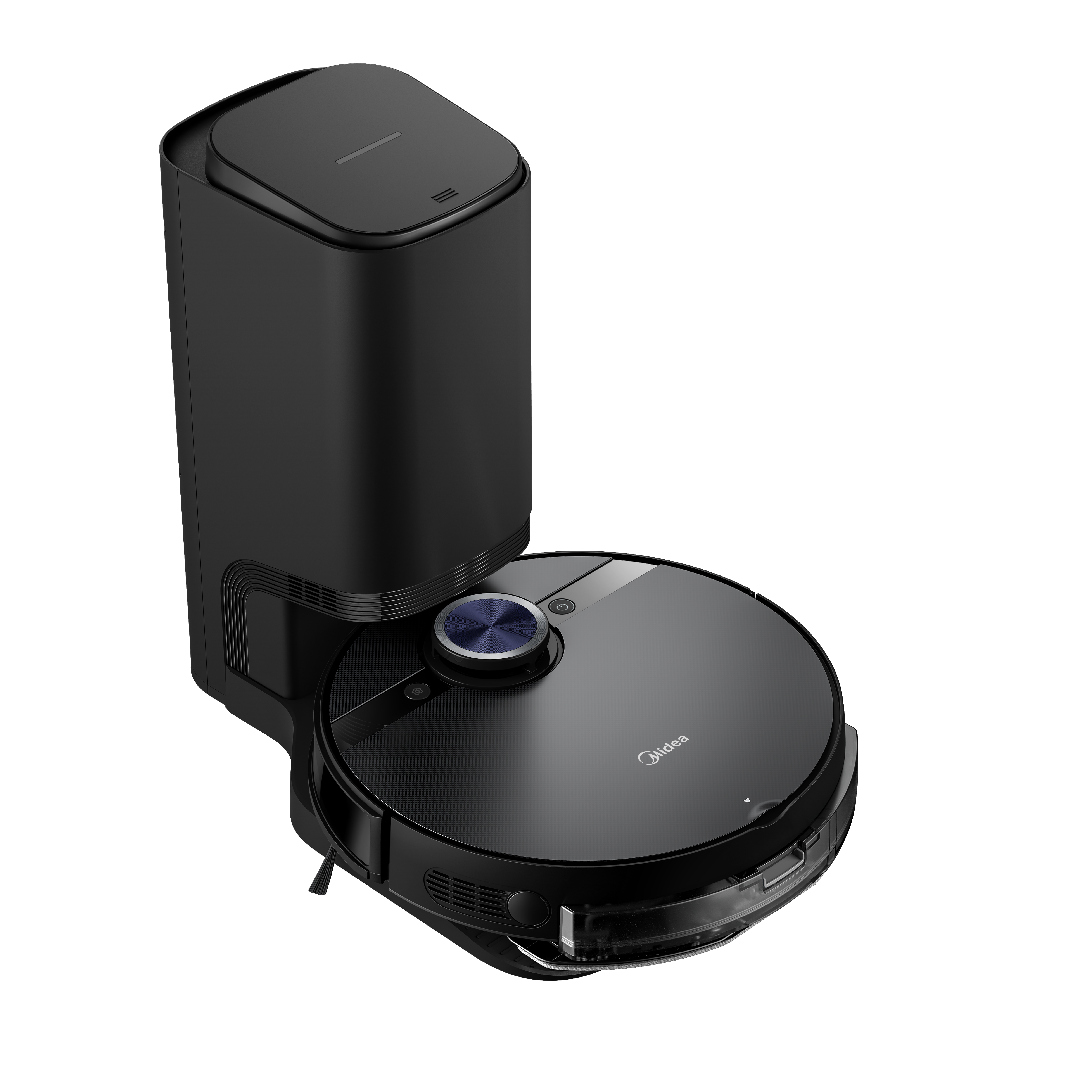 Un aspirateur robot noir avec une station de charge. L'aspirateur a un corps rond et un bouton bleu.