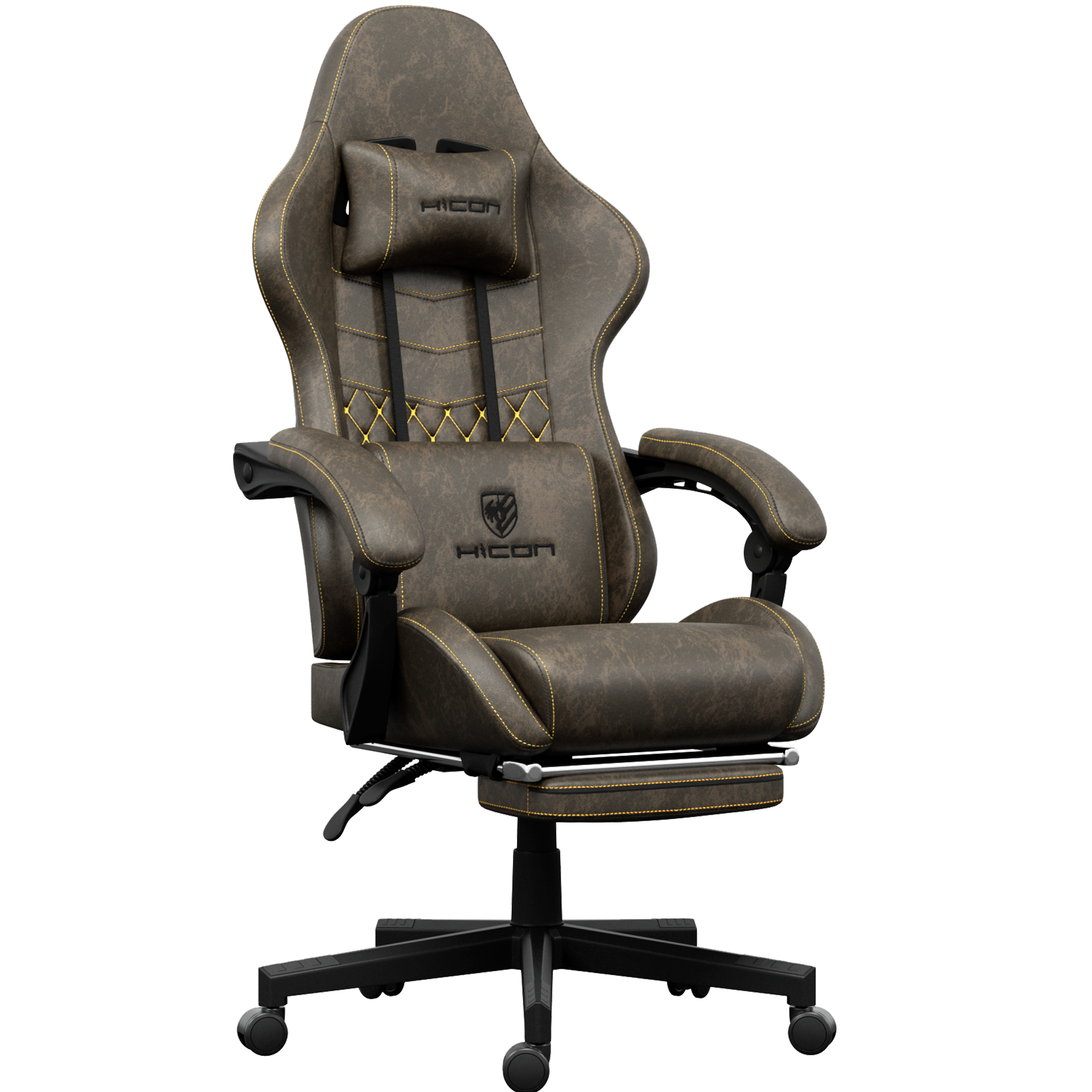 Une chaise de jeu en cuir marron avec des coutures jaunes. Elle a un appui-tête et un repose-pieds. La base est noire avec des roues.