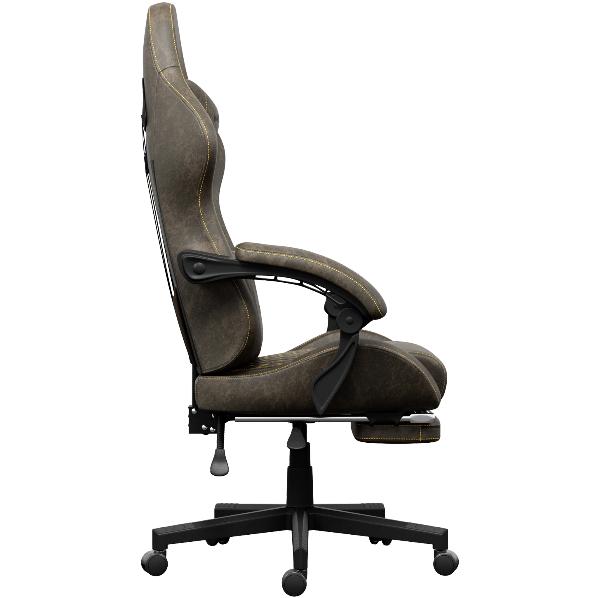 Une chaise de jeu marron avec des coutures jaunes. Elle a des accoudoirs, un appui-tête et repose sur une base noire avec des roues.