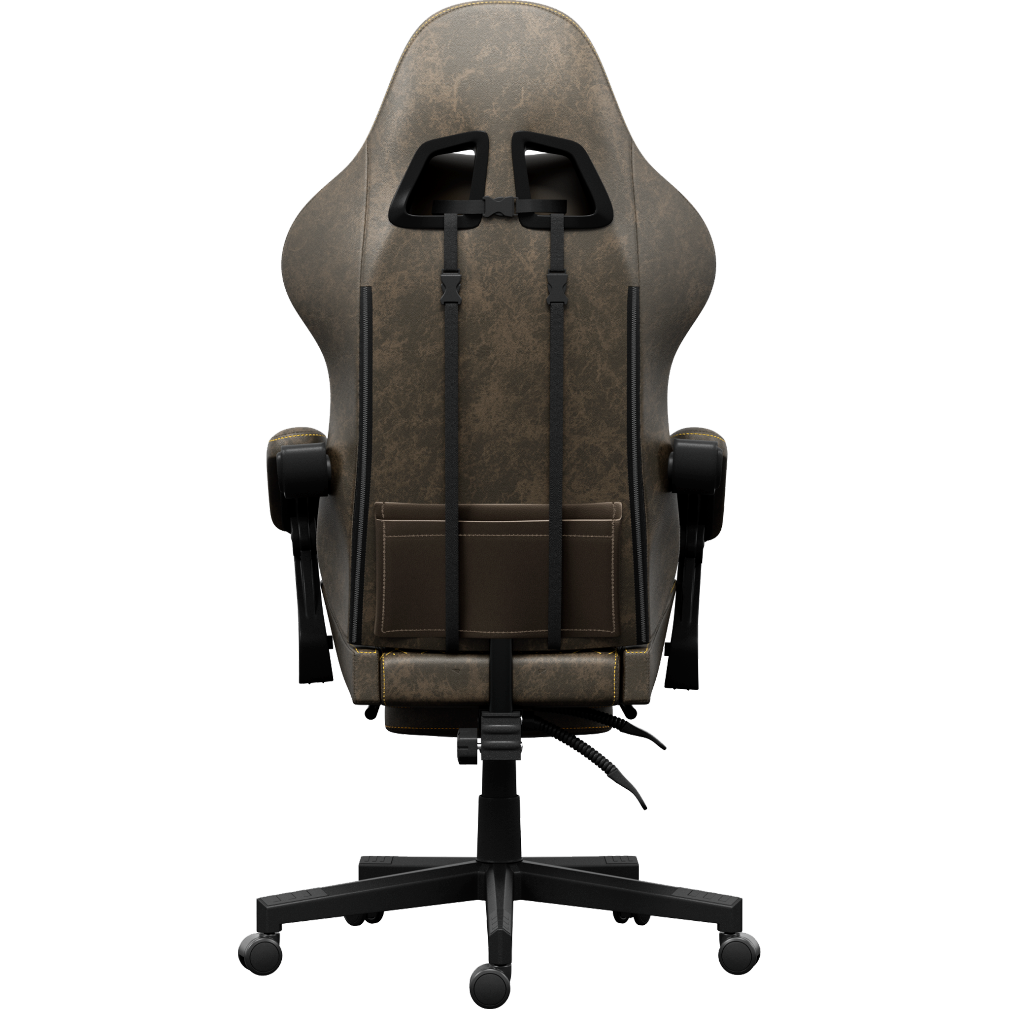 Chaise de jeu en cuir marron. Détails noirs : accoudoirs, sangles et base avec roues. Dos visible.