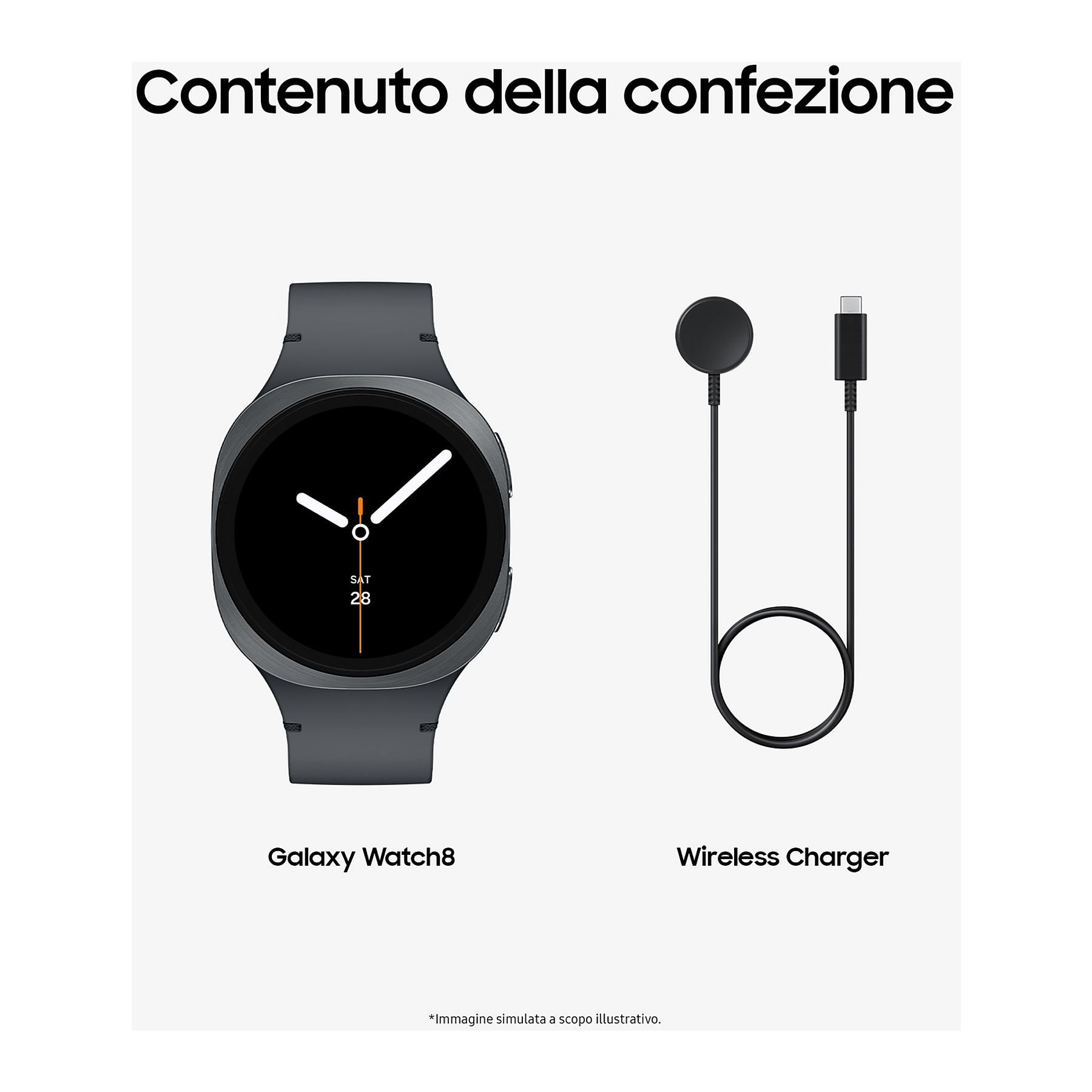 L'immagine mostra un Galaxy Watch8 e un caricabatterie wireless. L'orologio ha uno schermo nero e una cornice grigia. Il caricabatterie è nero.