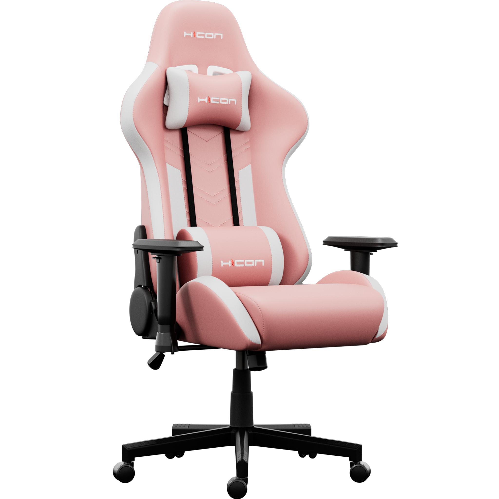 Chaise gaming rose et blanche avec des accents noirs. Dispose d'un appui-tête, d'un support lombaire, d'accoudoirs et d'une base à cinq roues, le tout sur fond noir.