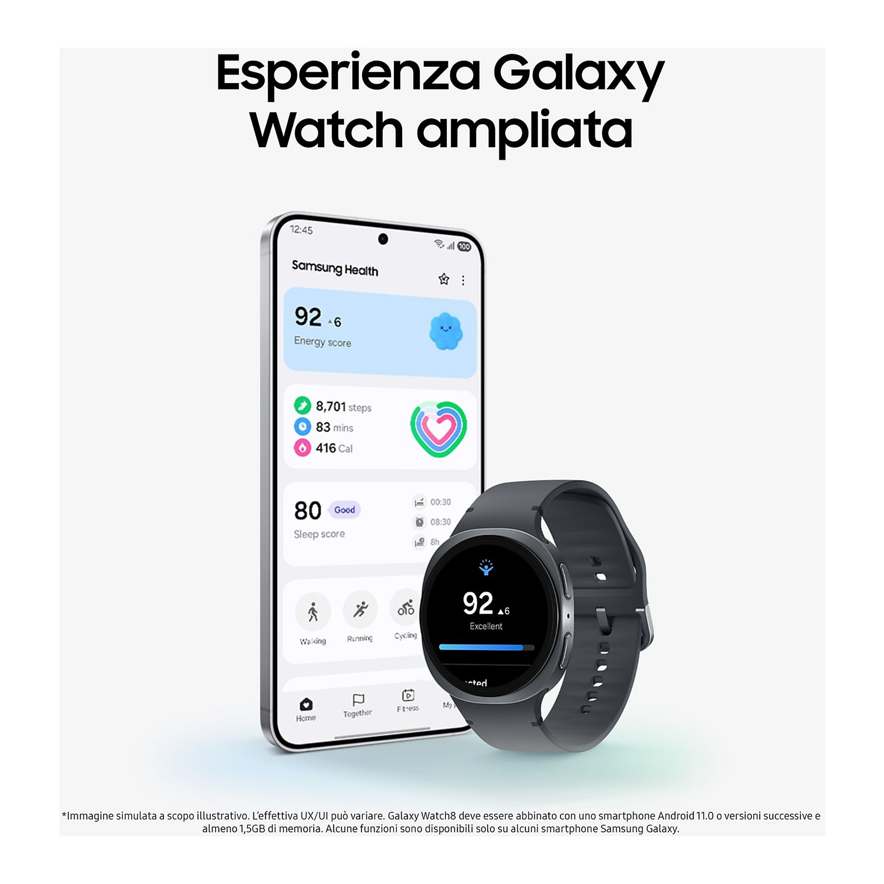 Un Samsung Galaxy Watch mostra dati sanitari. Un'app mostra punteggi, passi e metriche di attività accanto all'orologio.
