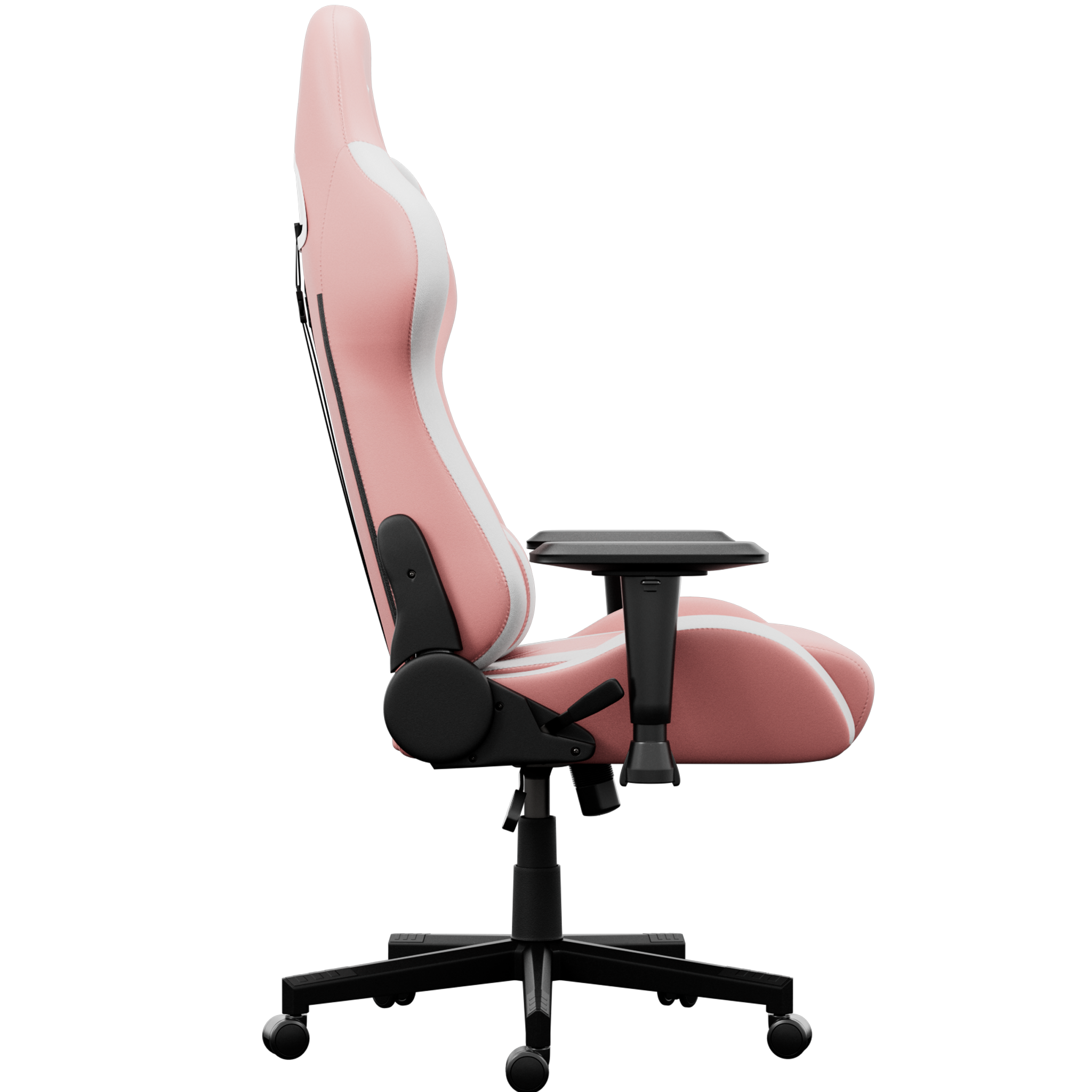 Chaise gaming rose et blanche. Base noire avec roues. Vue latérale montrant la forme et l'accoudoir.