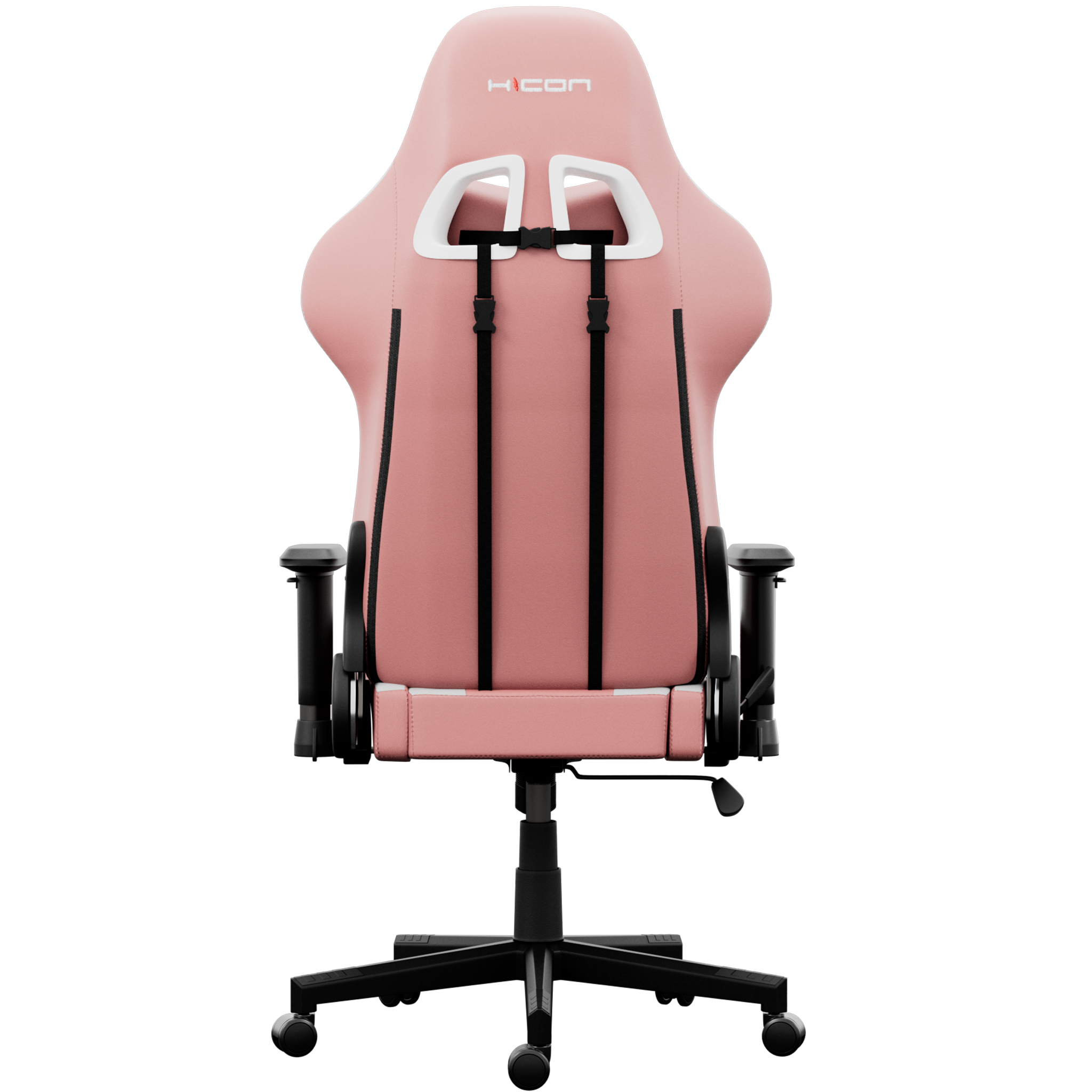 Une chaise de jeu rose avec des sangles et accoudoirs noirs, le dossier a des accents blancs, et la base est noire avec des roues.