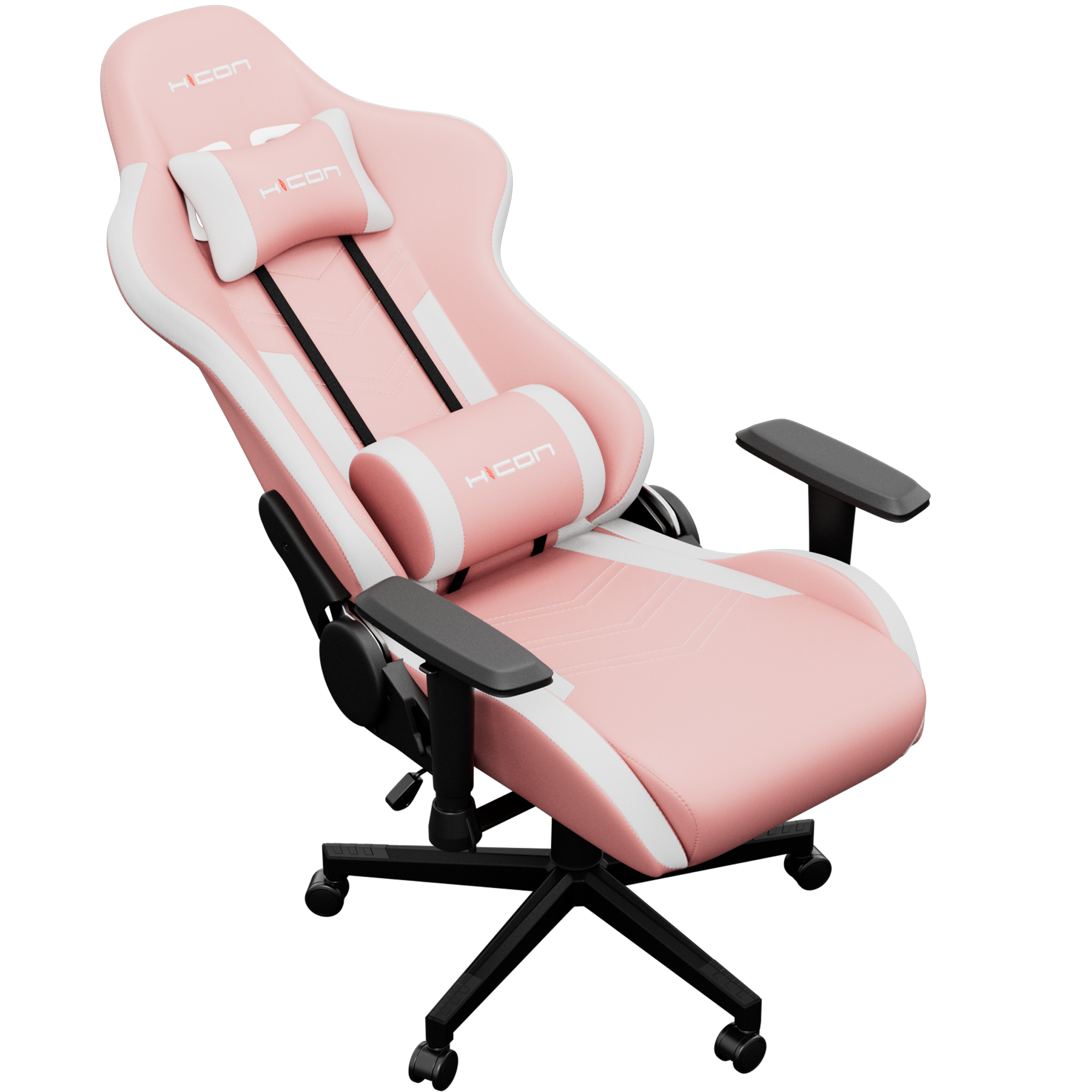 Chaise de jeu rose et blanche avec la marque 'HICON'. La chaise a un appuie-tête, un dossier, des accoudoirs et une base avec des roues.
