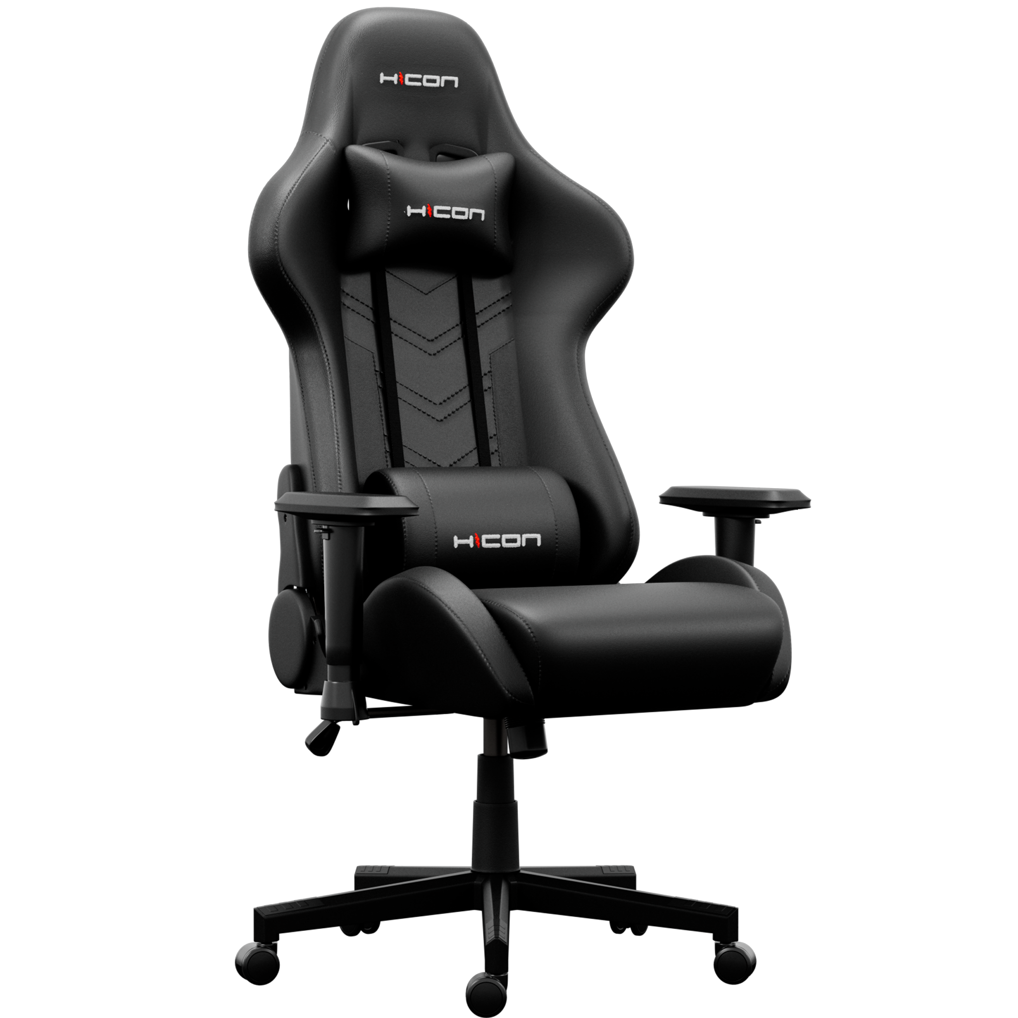 Schwarzer Gaming-Stuhl mit HICON-Logo, Kopfstütze, Lendenwirbelstütze, Armlehnen und Fünf-Sterne-Basis mit Rollen.