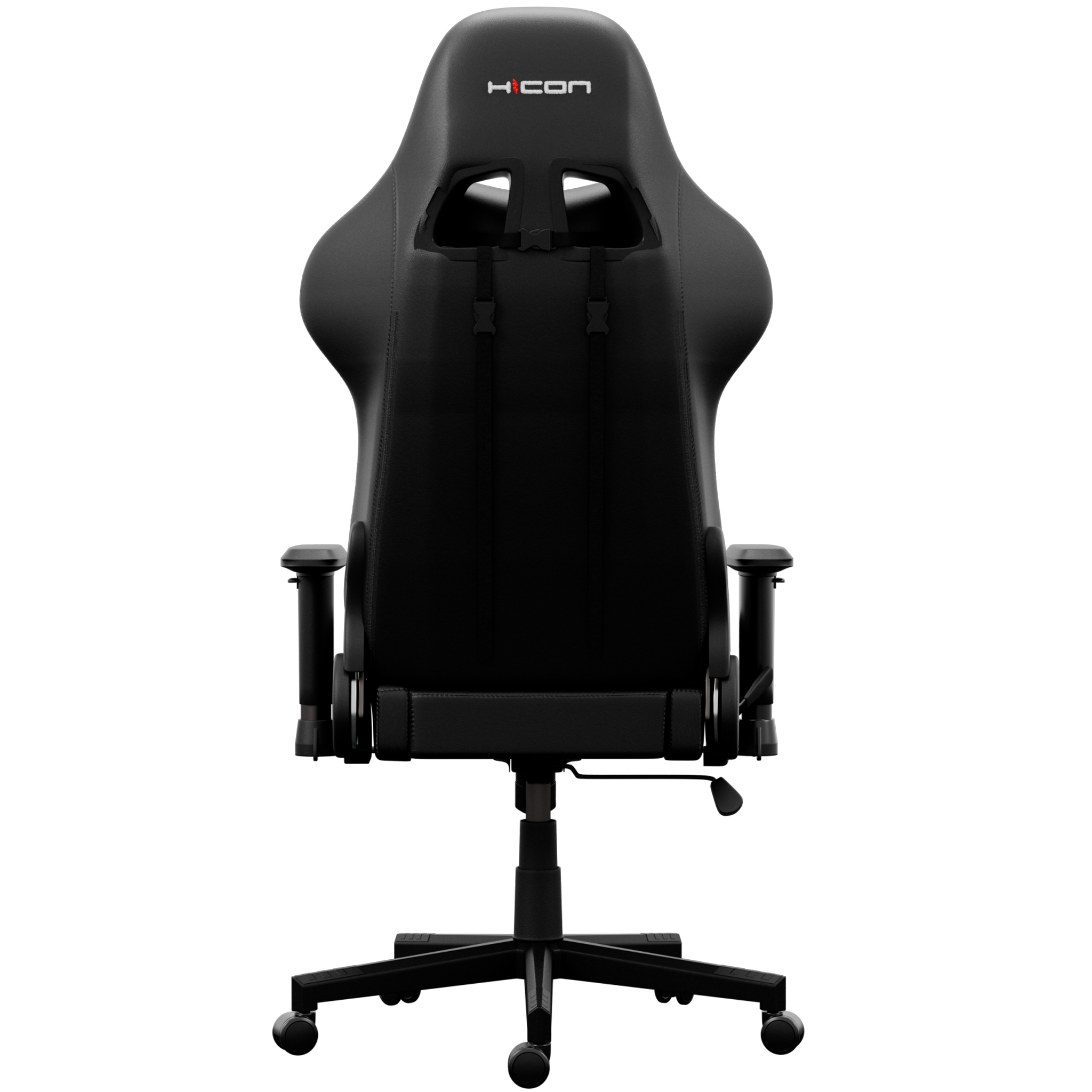 Schwarzer Gaming-Stuhl mit hohem Rücken, Armlehnen und Fünf-Sterne-Basis. Das Markenlogo 'HICON' befindet sich oben.