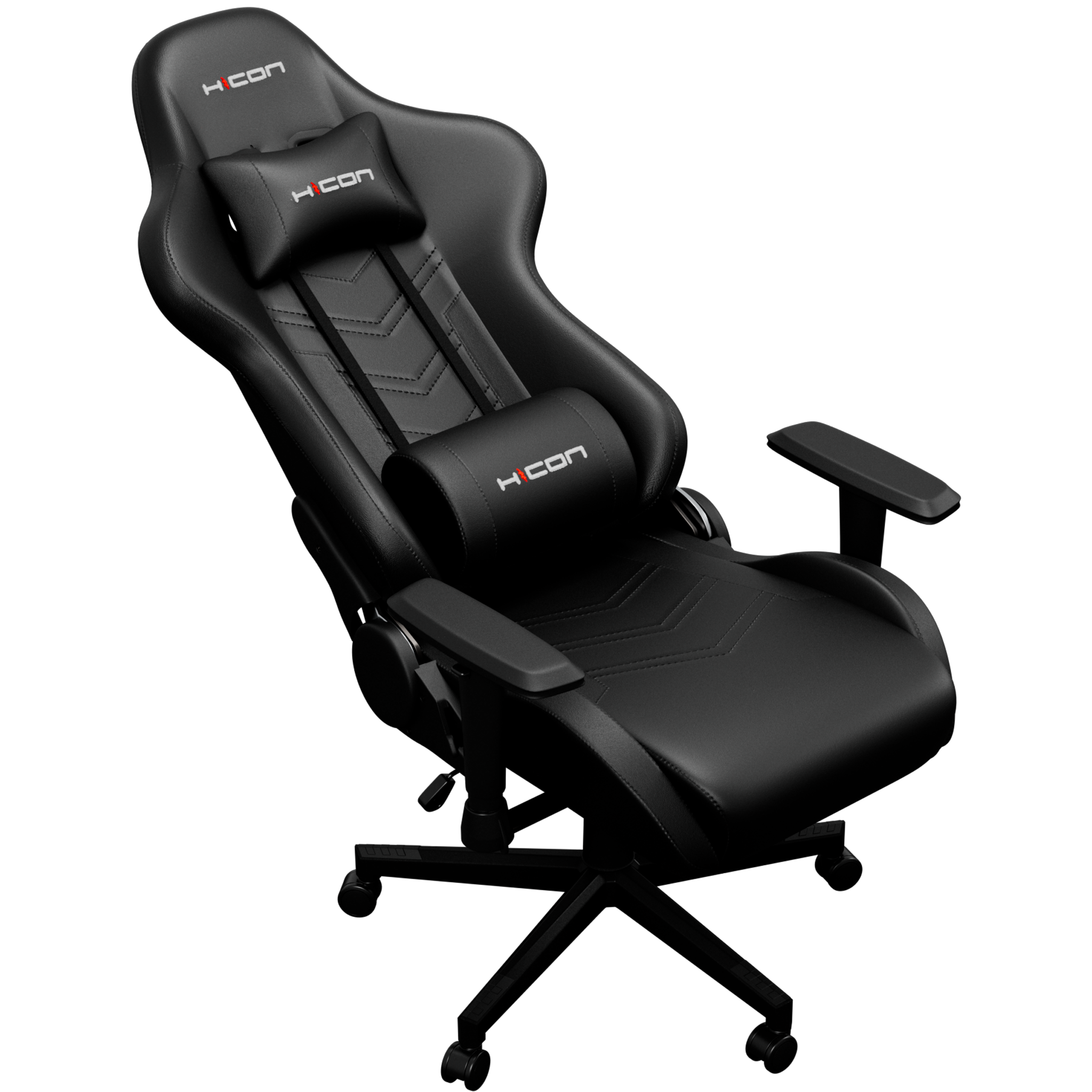 Schwarzer Gaming-Stuhl mit Kopf- und Lendenstütze, H con Logo. Mit Armlehnen und einem Fünf-Sterne-Fuß mit Rädern.